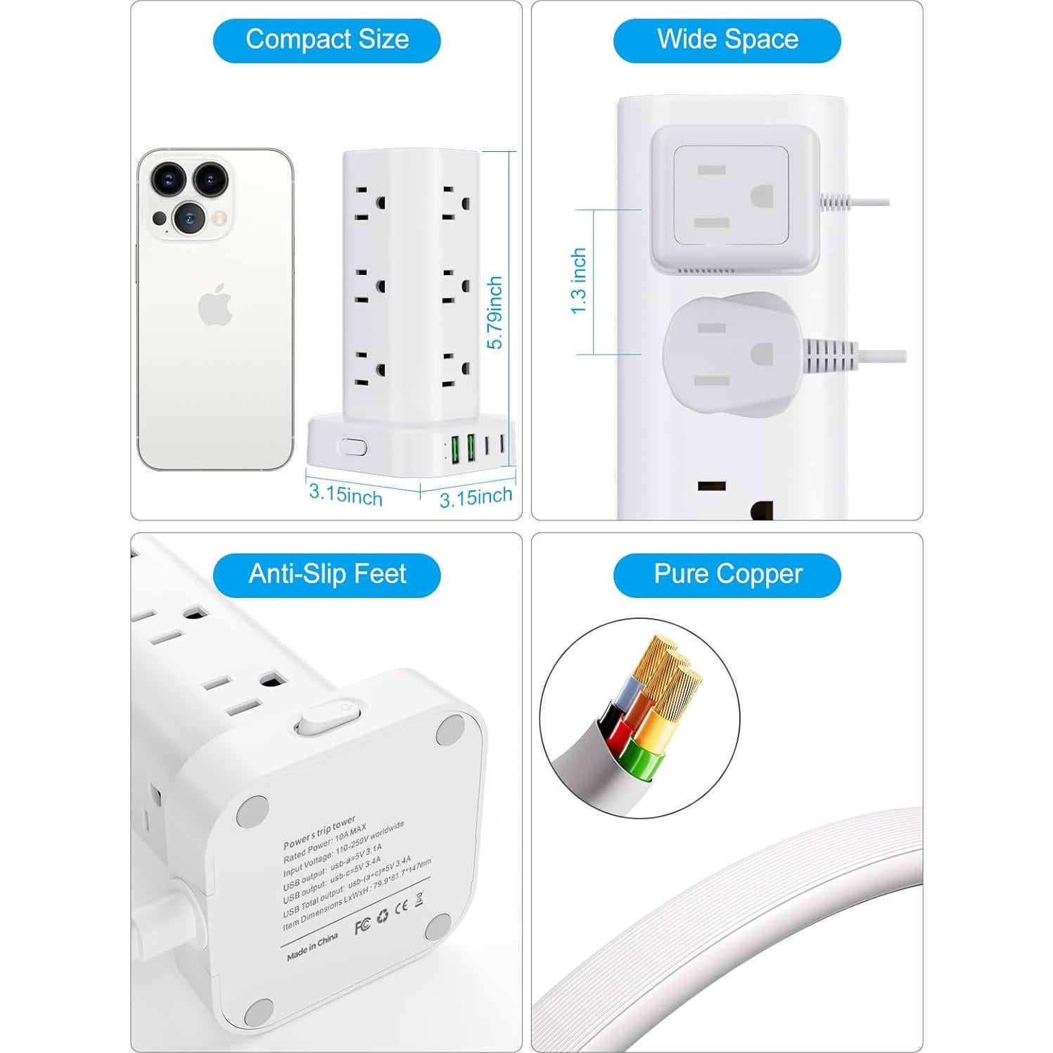 Torre de Regleta de Energía UWIWUTEI 16 en 1 con USB 1.83m