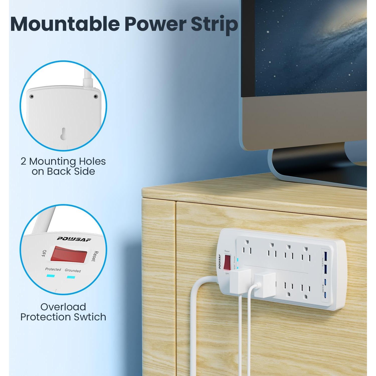 Regleta de Sobretensión POWSAF 8 Salidas AC y 4 USB 2700 Julios
