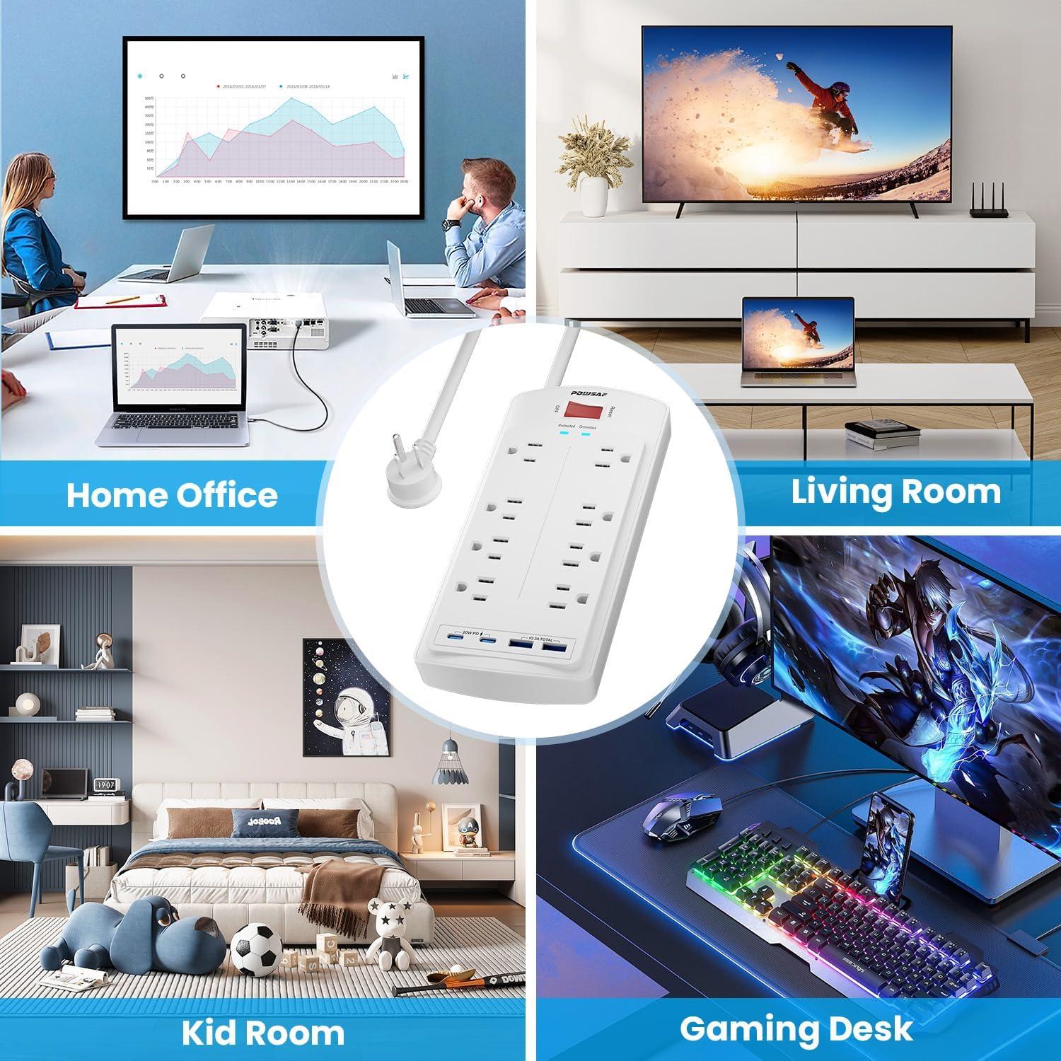 Regleta de Sobretensión POWSAF 8 Salidas AC y 4 USB 2700 Julios