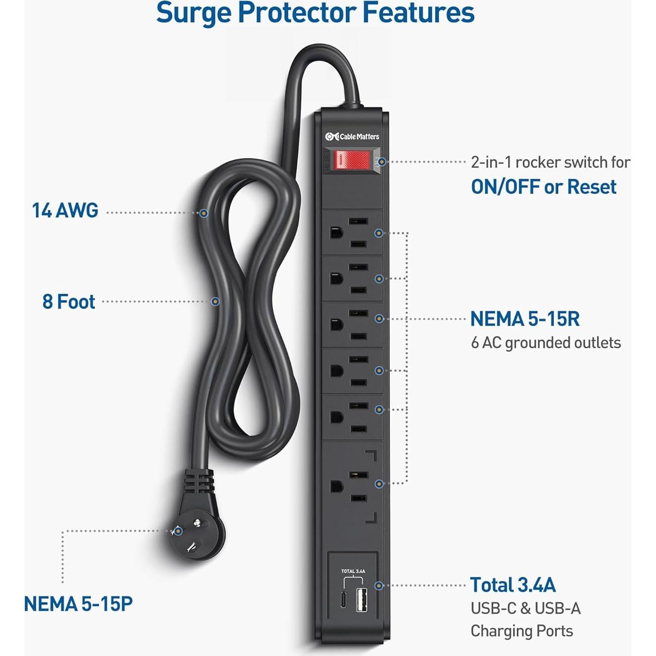 Regleta de Protección 6 Salidas Cable Matters con USB 3.4A 2.44m