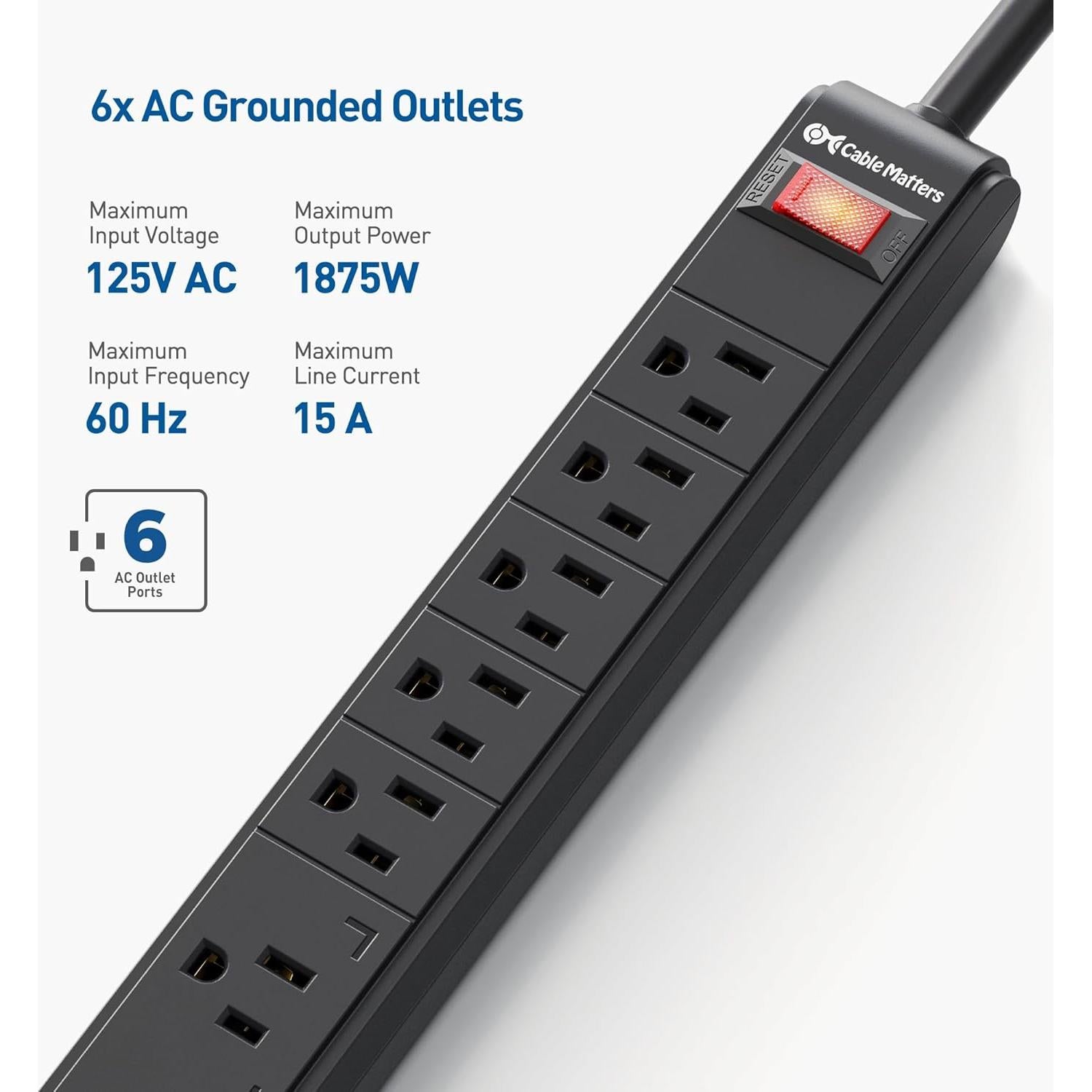 Regleta de Protección 6 Salidas Cable Matters con USB 3.4A 2.44m