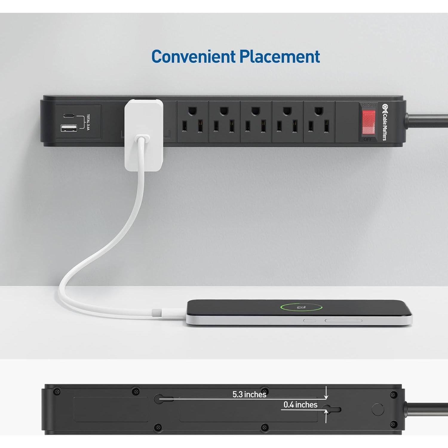 Regleta de Protección 6 Salidas Cable Matters con USB 3.4A 2.44m