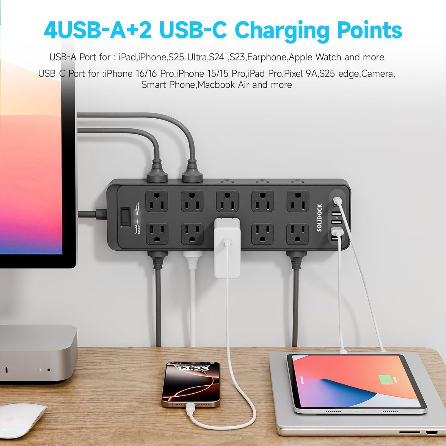 Protector de Sobretensión TuoJia 20 Salidas CA 6 USB 1.83m