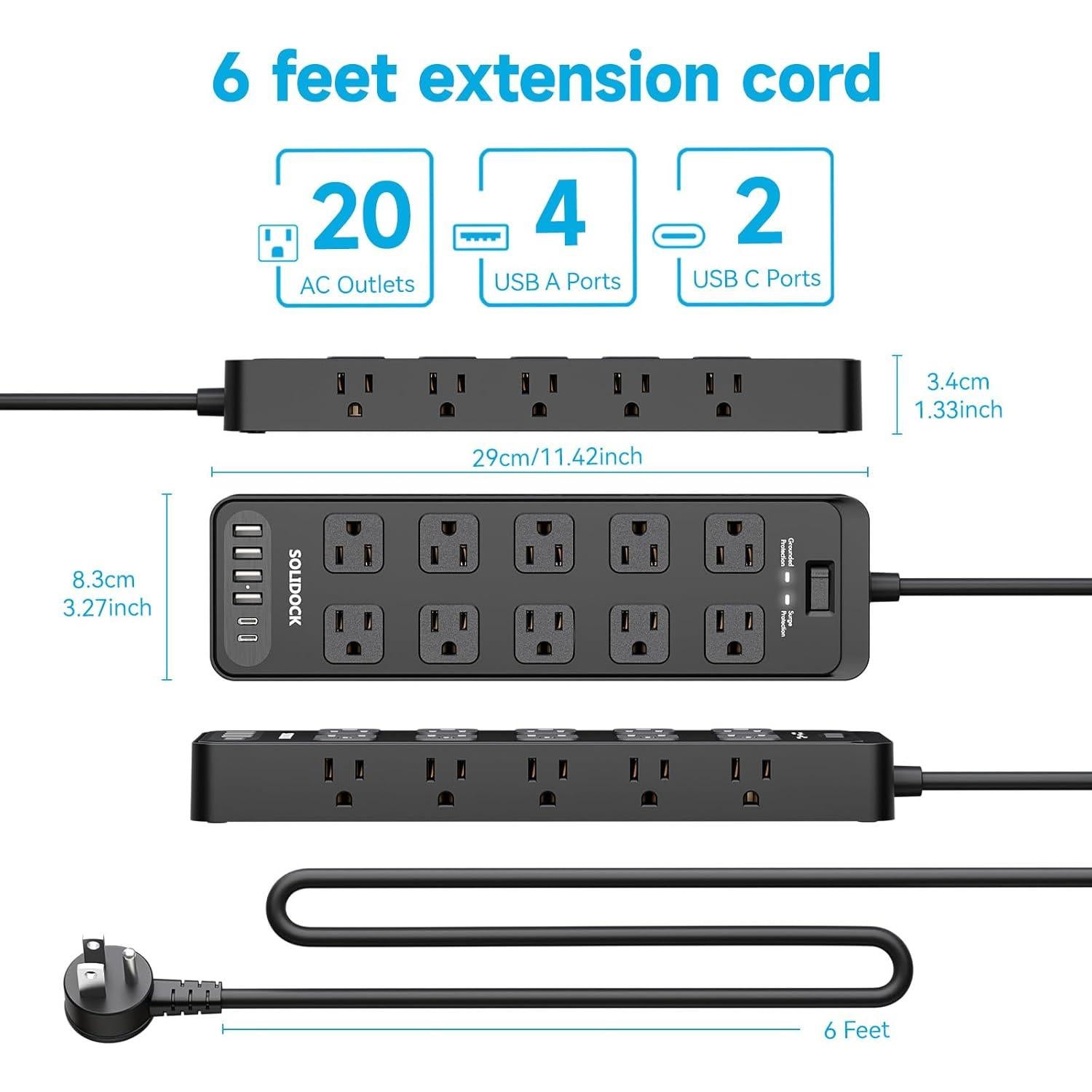 Protector de Sobretensión TuoJia 20 Salidas CA 6 USB 1.83m