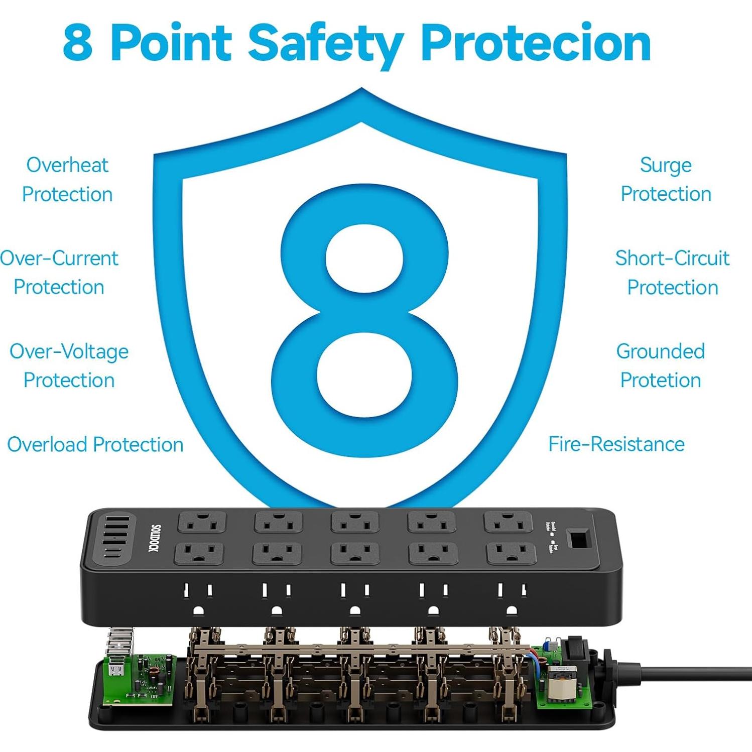 Protector de Sobretensión TuoJia 20 Salidas CA 6 USB 1.83m