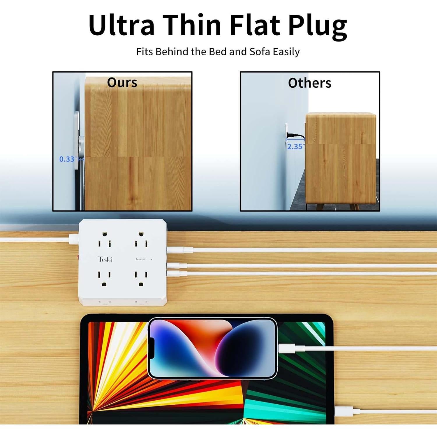 Regleta de 8 Tomacorrientes y 4 USB Tcstei 1.83m con Protección
