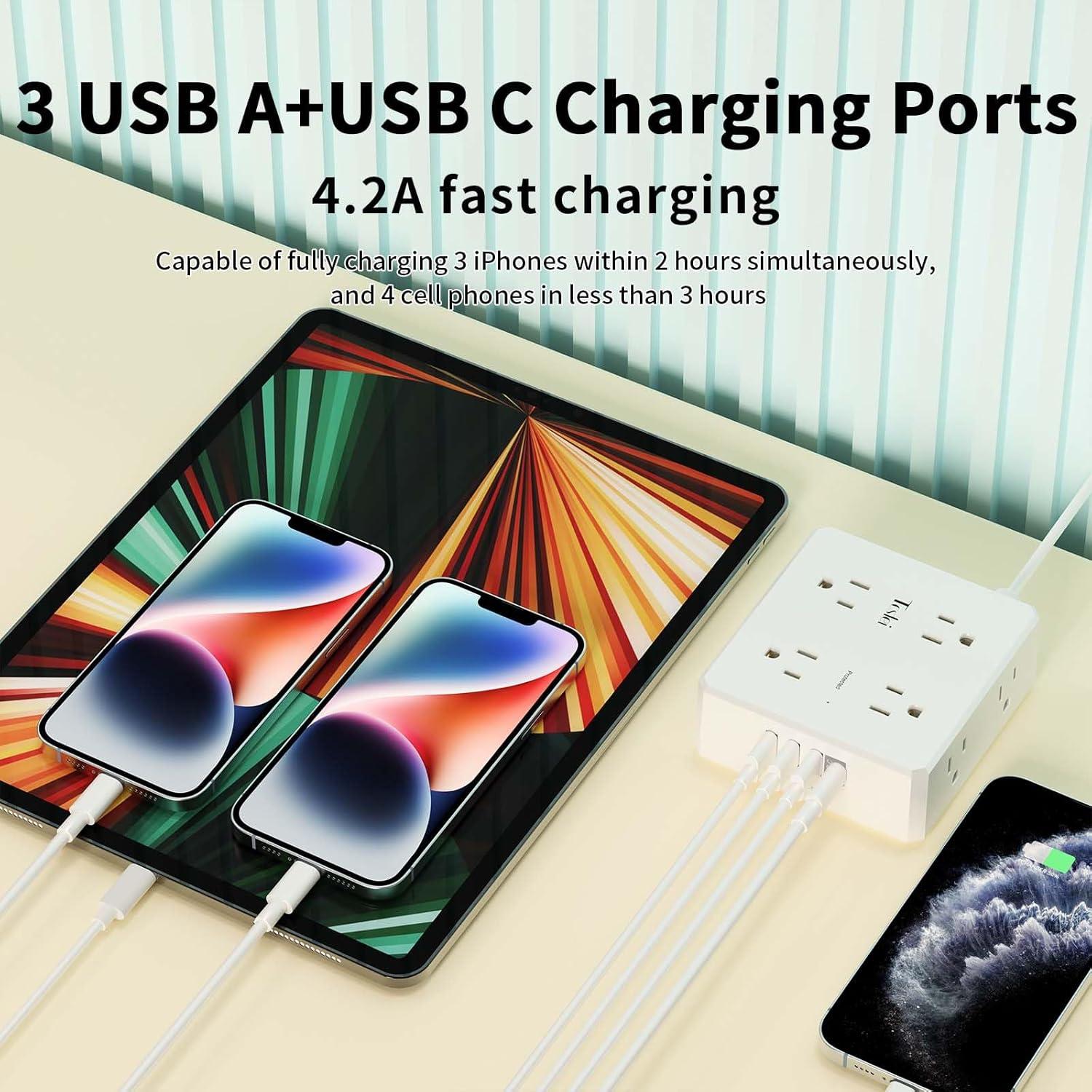 Regleta de 8 Tomacorrientes y 4 USB Tcstei 1.83m con Protección