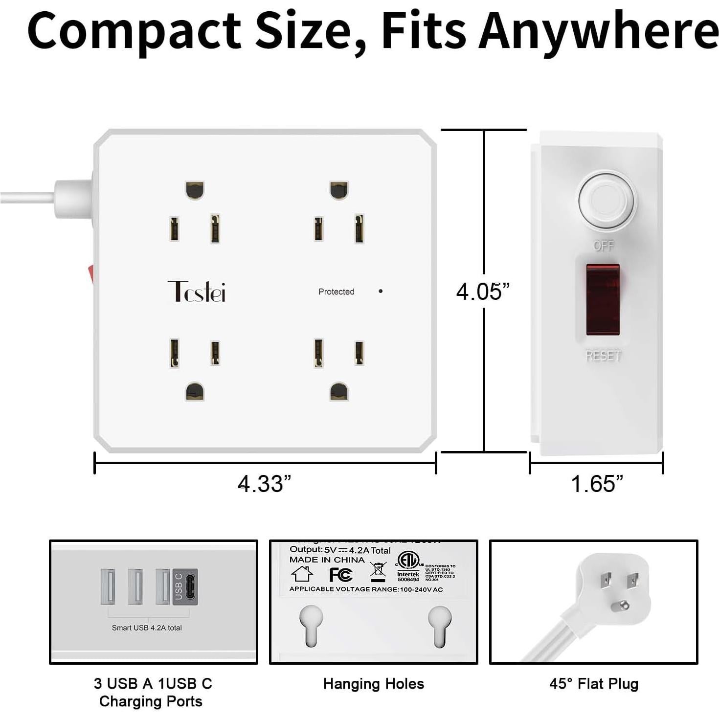 Regleta de 8 Tomacorrientes y 4 USB Tcstei 1.83m con Protección