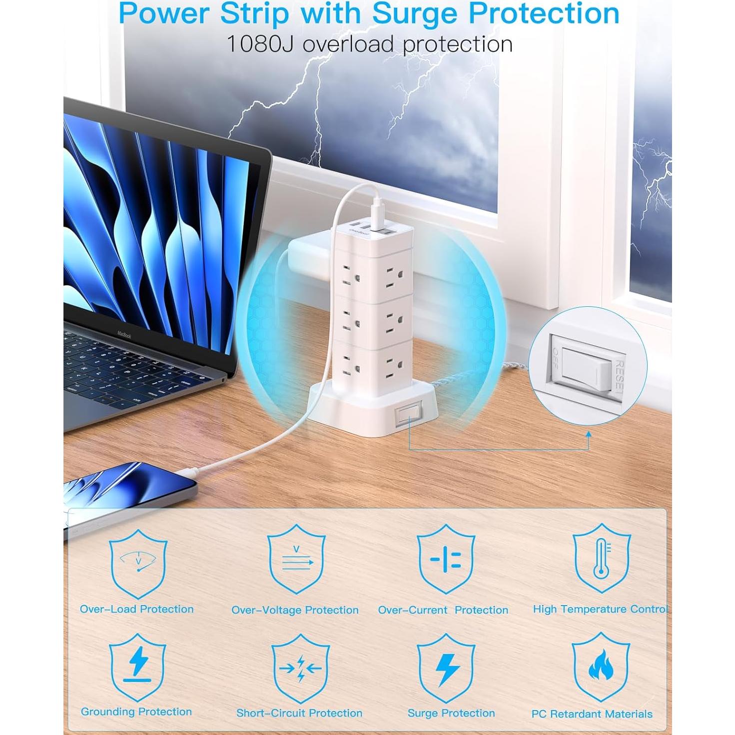 Torre de Protector de Sobretensión One Beat 12 Salidas 4 USB Carga Rápida