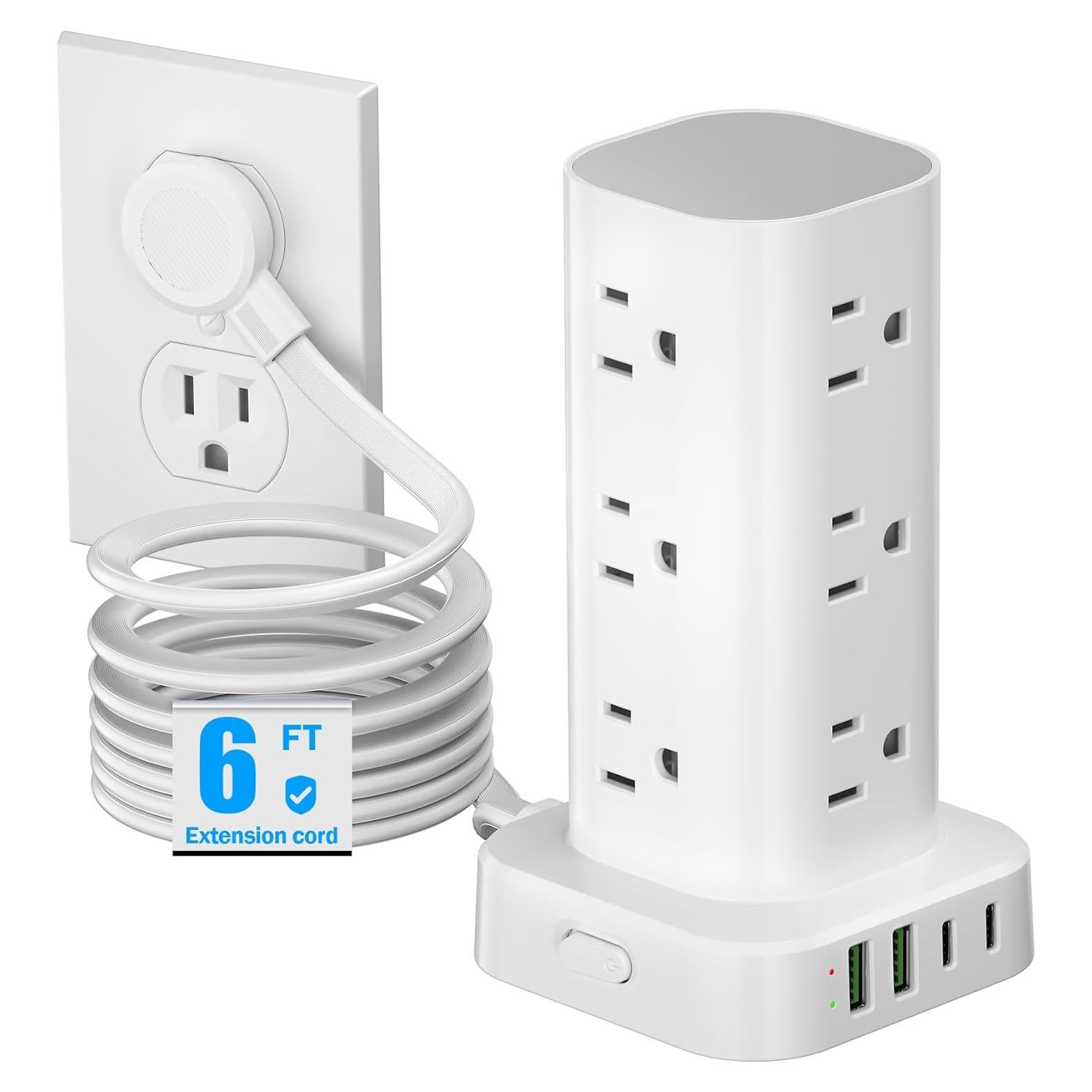 Torre de Regletas de Poder Pluackg 6FT 12 AC 4 USB Protección