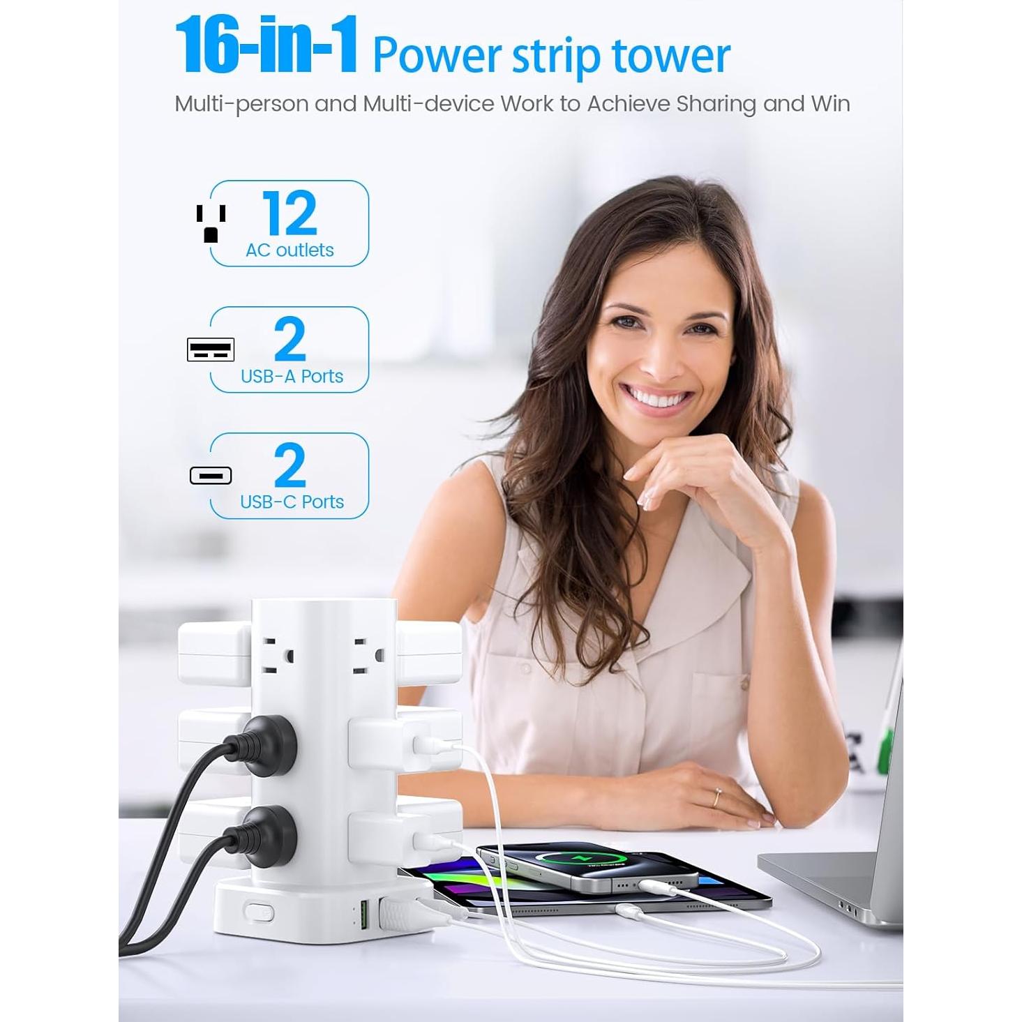 Torre de Regletas de Poder Pluackg 6FT 12 AC 4 USB Protección