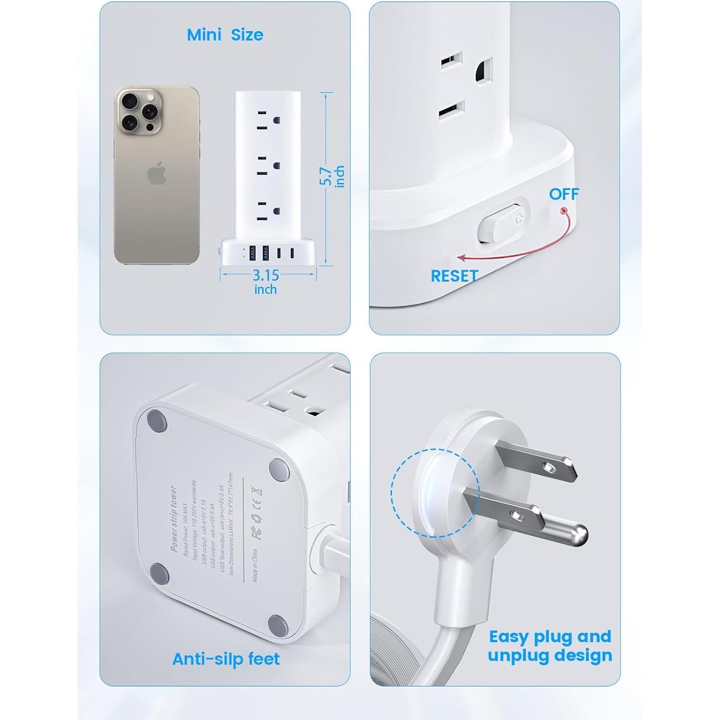 Torre de Regletas de Poder Pluackg 6FT 12 AC 4 USB Protección