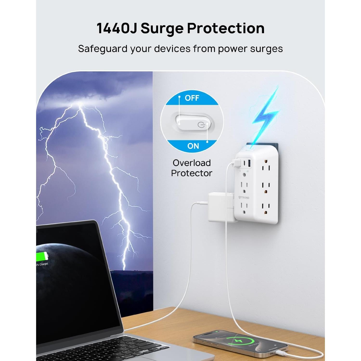 Extensor de Enchufe TROND 8 Salidas y 3 Puertos USB