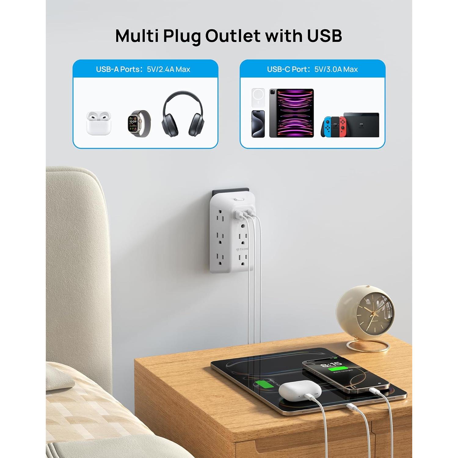 Extensor de Enchufe TROND 8 Salidas y 3 Puertos USB