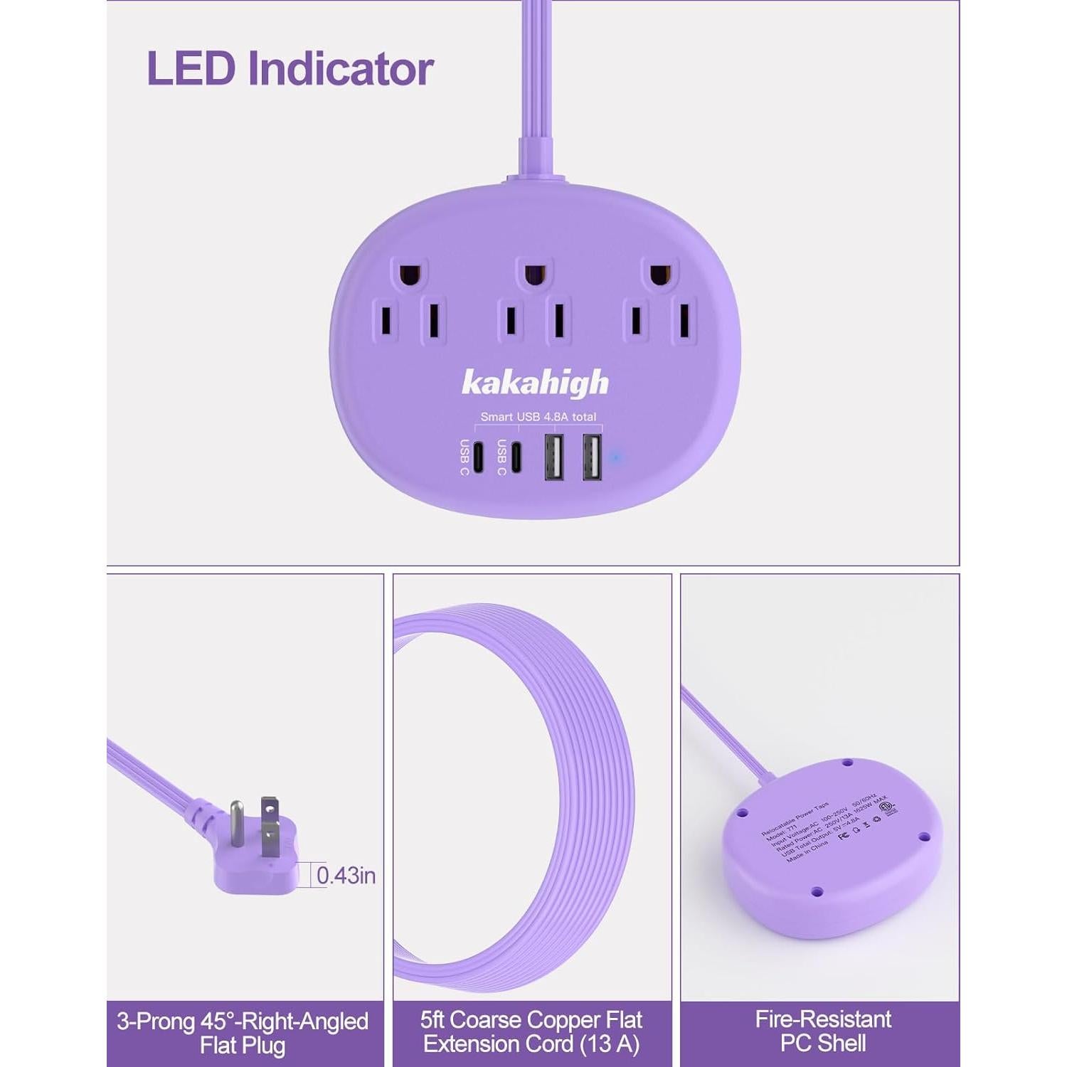 Cable de Extensión Kakahigh 1.52m Morado 3 Tomacorrientes 4 USB