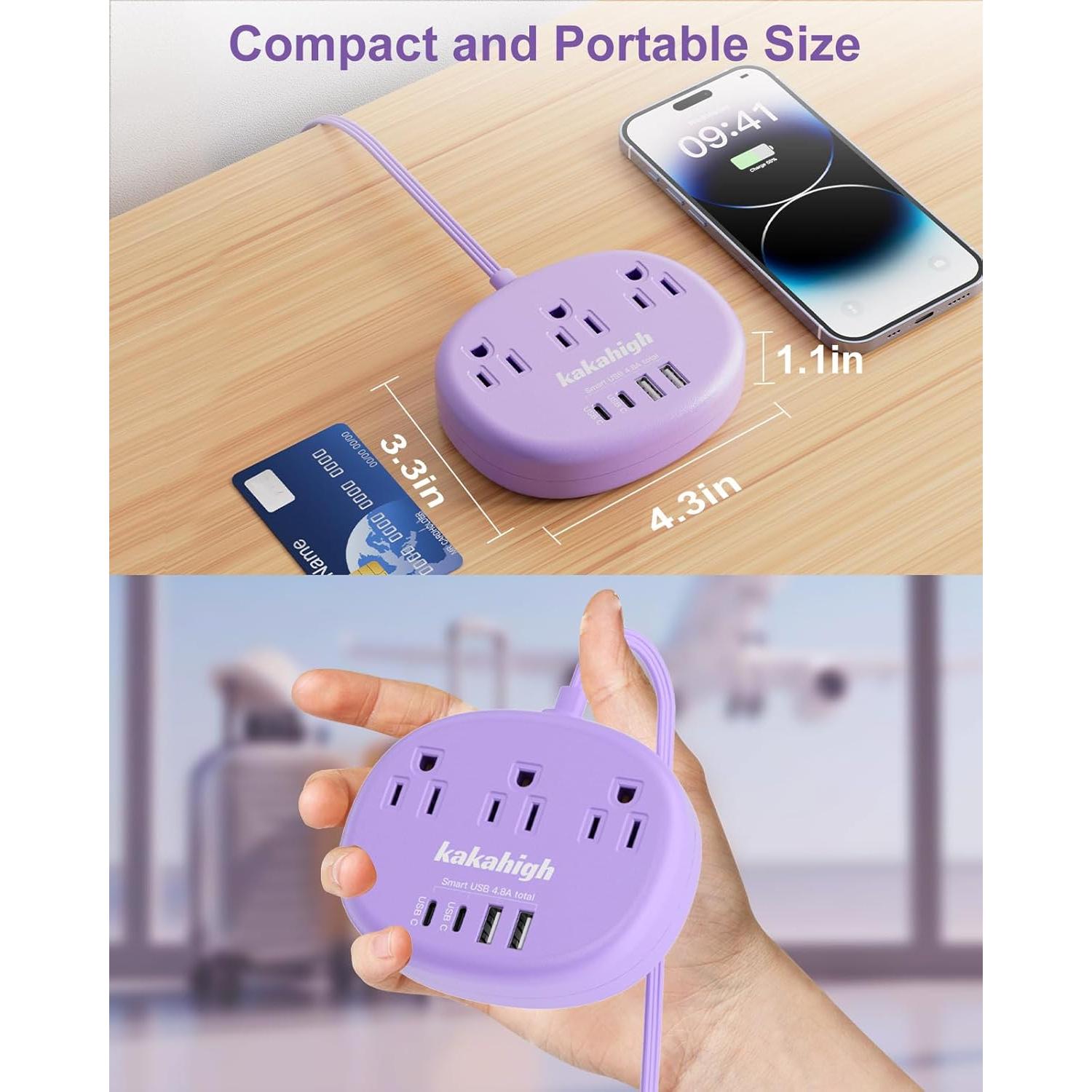 Cable de Extensión Kakahigh 1.52m Morado 3 Tomacorrientes 4 USB