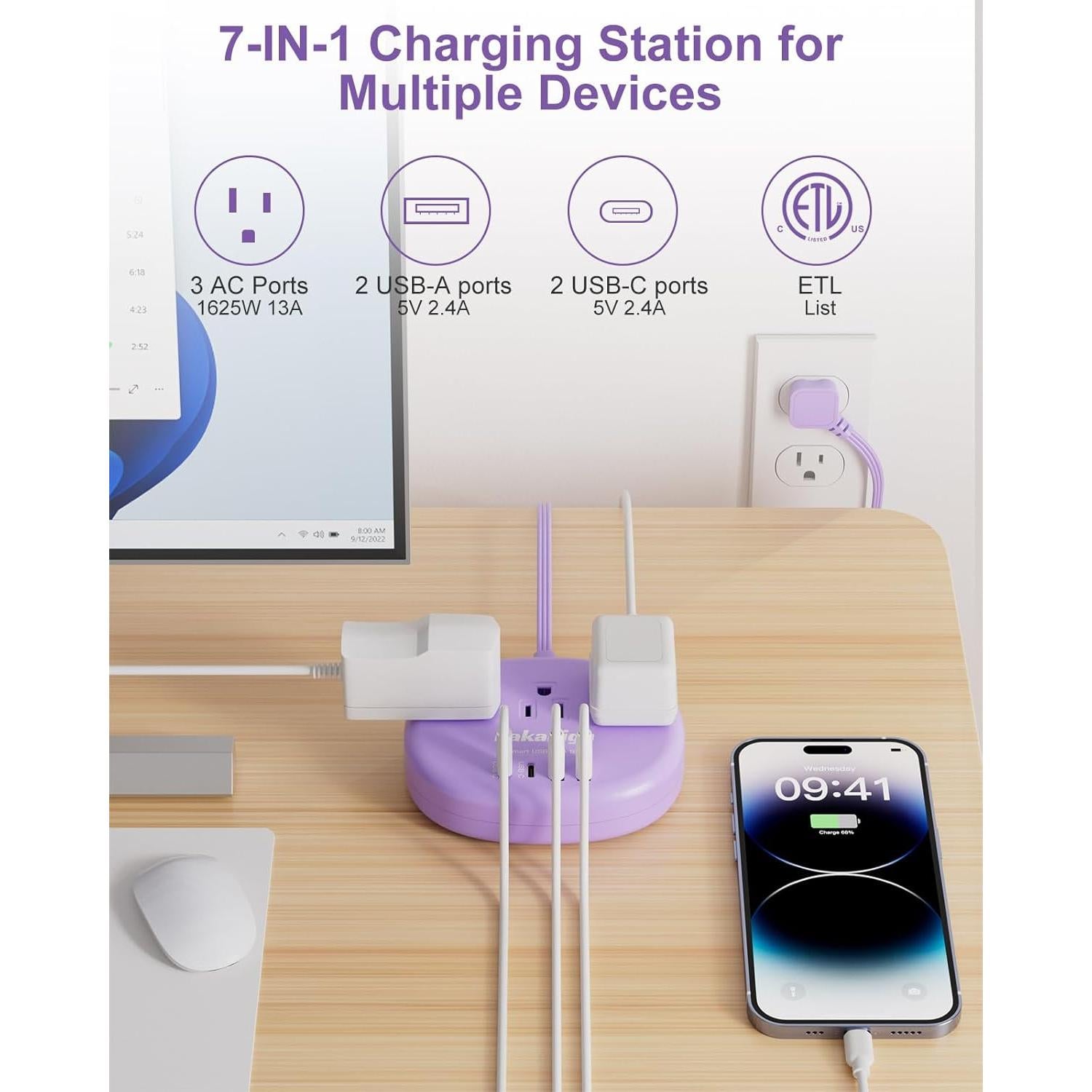 Cable de Extensión Kakahigh 1.52m Morado 3 Tomacorrientes 4 USB