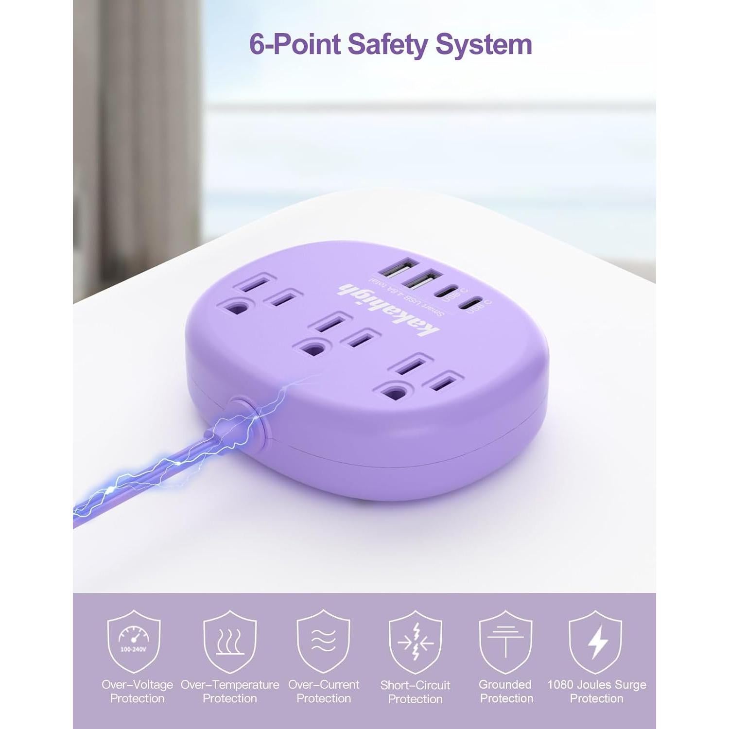 Cable de Extensión Kakahigh 1.52m Morado 3 Tomacorrientes 4 USB