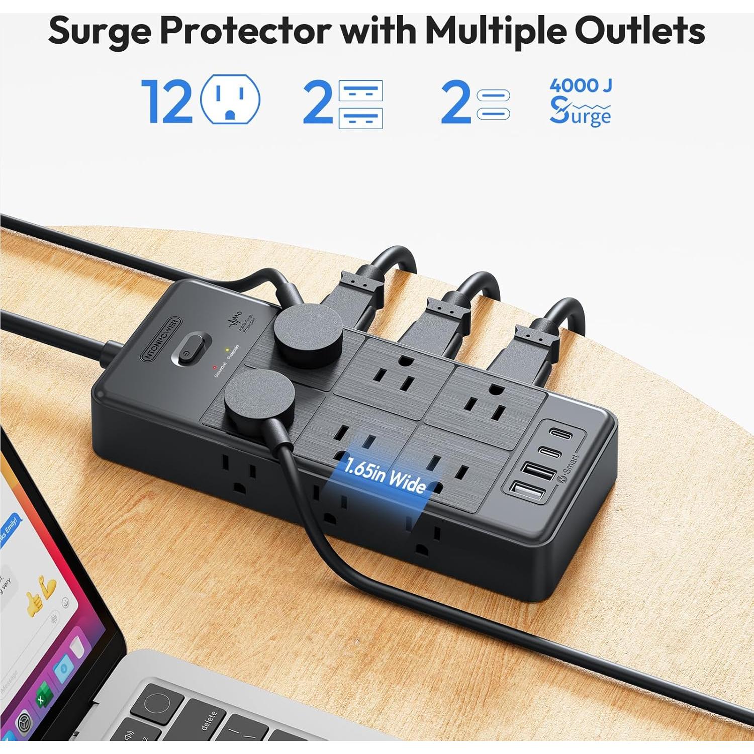 Regleta de Sobretensión NTONPOWER 15FT 4000J 12 Salidas 4 USB