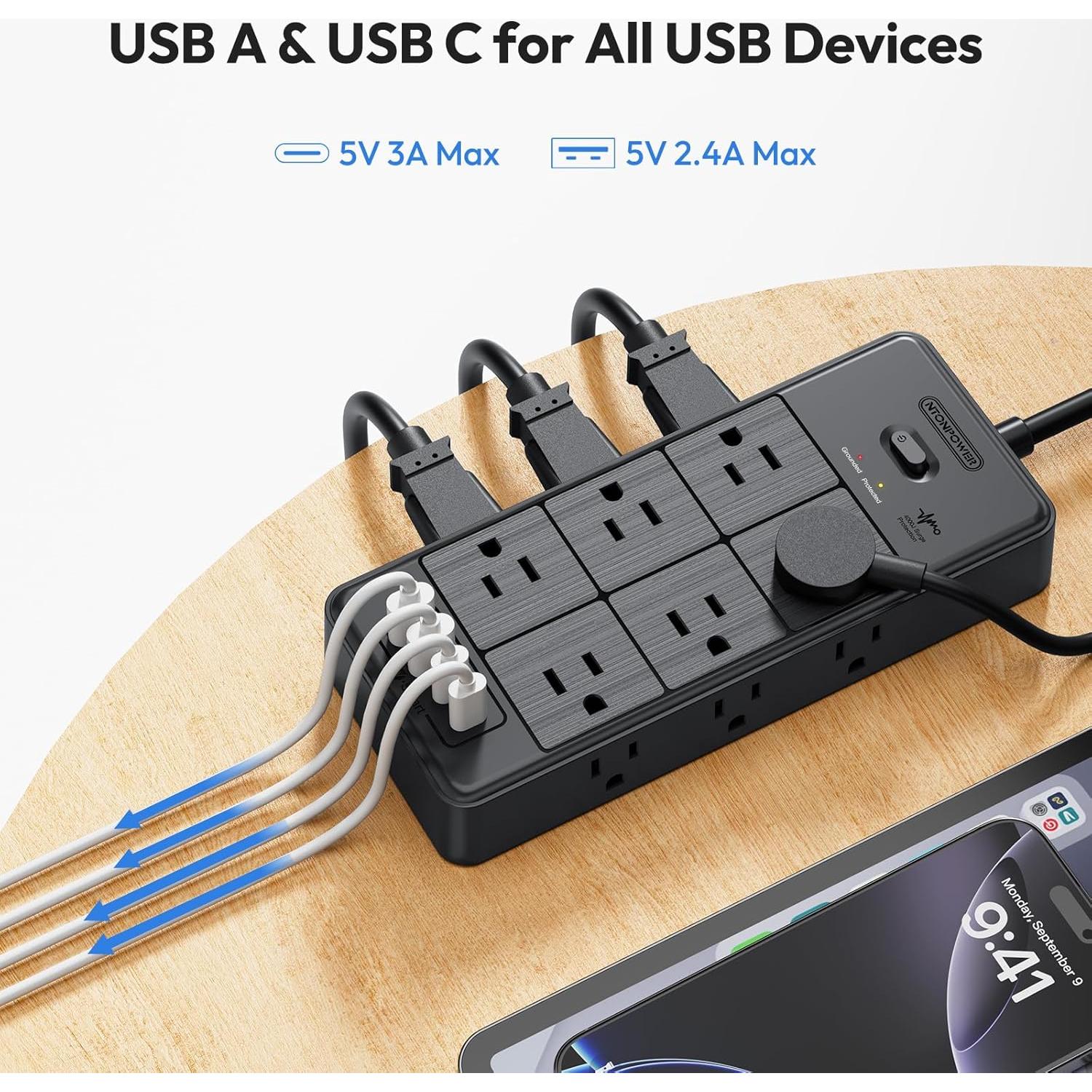 Regleta de Sobretensión NTONPOWER 15FT 4000J 12 Salidas 4 USB