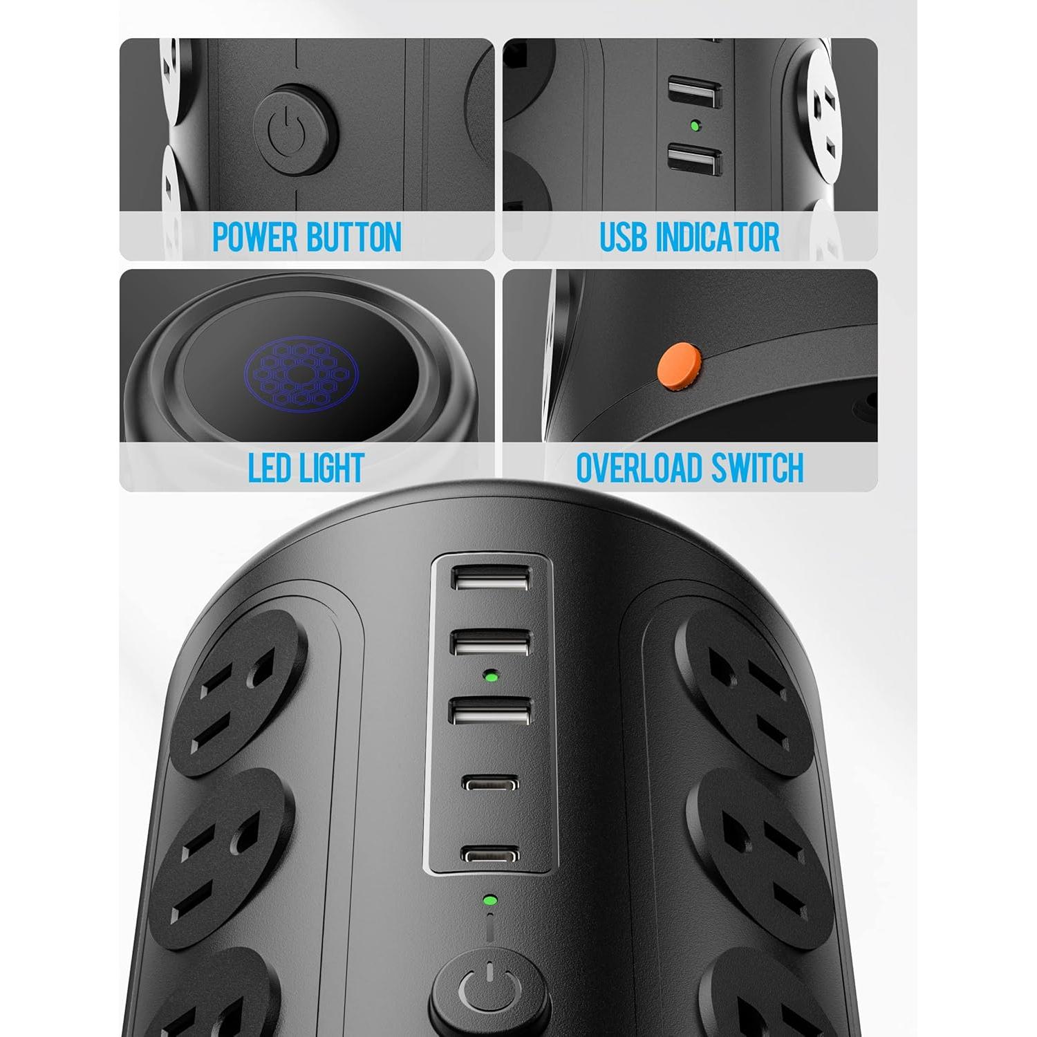 Torre de Regletas de Potencia TenTrend 16 Salidas 5 USB 1.83m