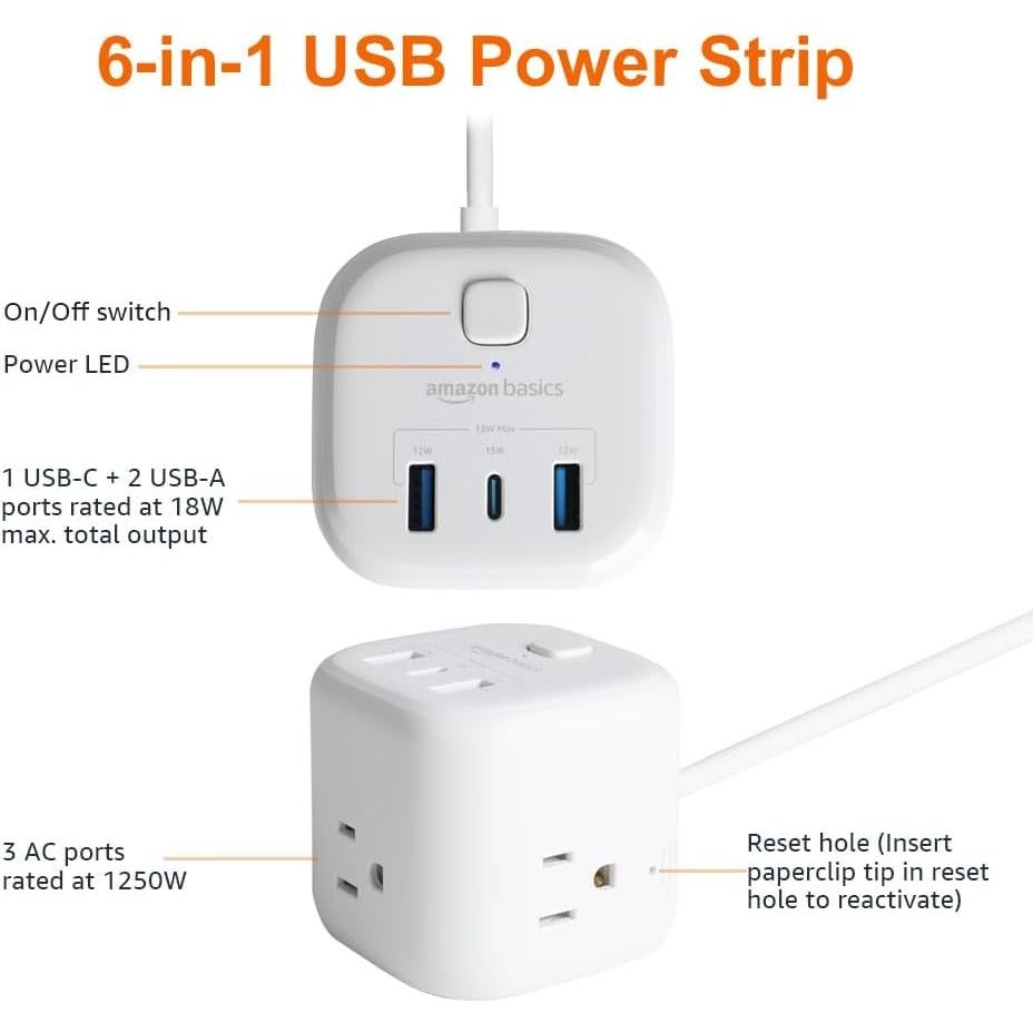 Cubo Regleta de Alimentación Amazon Basics 3 Salidas 3 USB