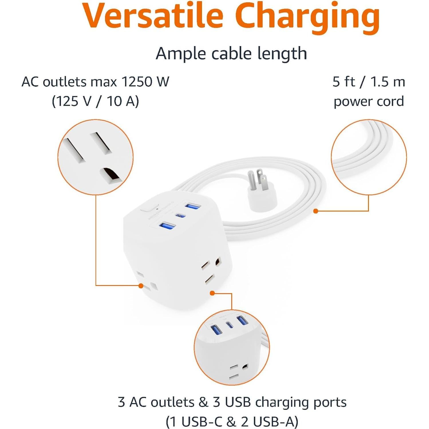 Cubo Regleta de Alimentación Amazon Basics 3 Salidas 3 USB