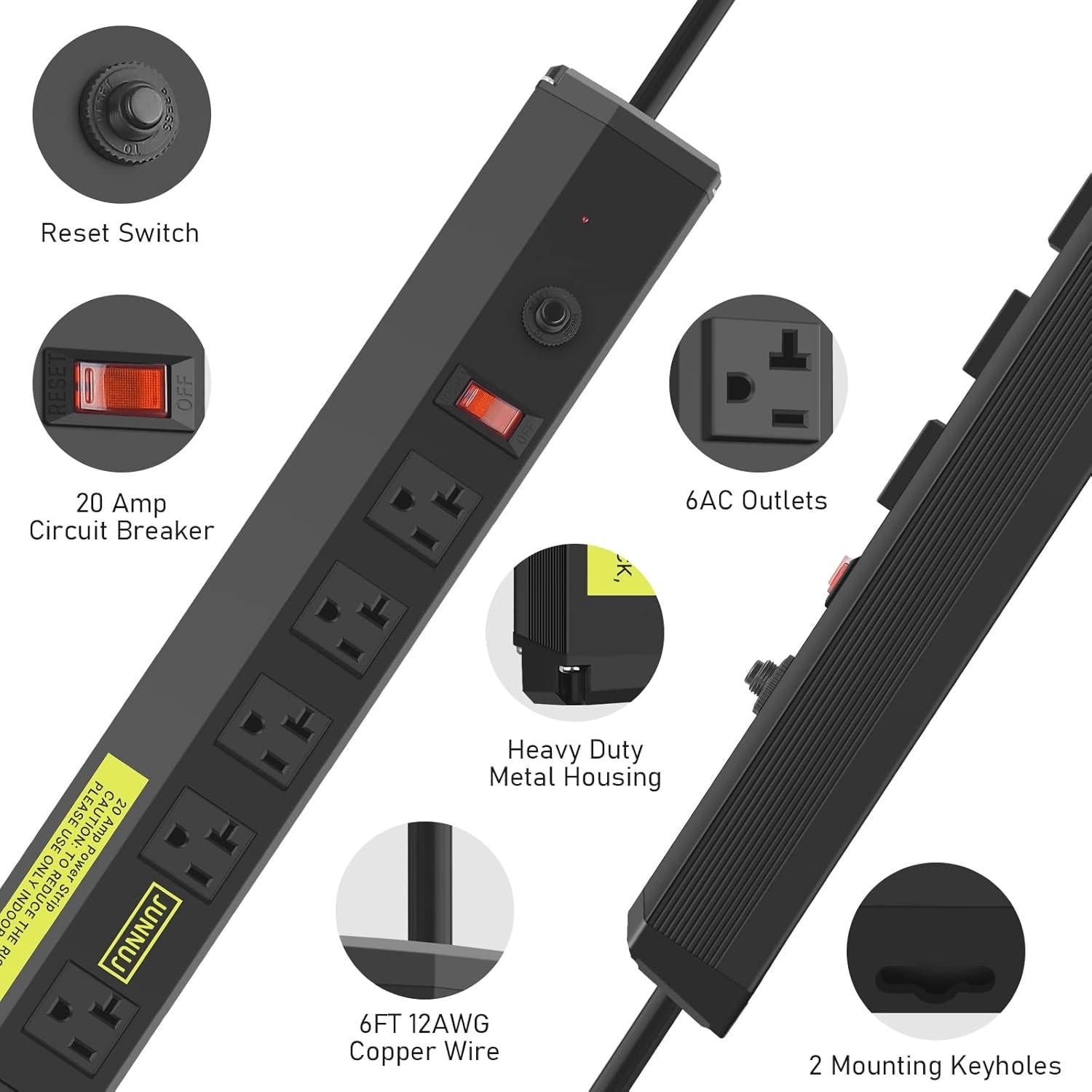 Regleta de 20A JUNNUJ con 6 Salidas Espaciadas 1.83m
