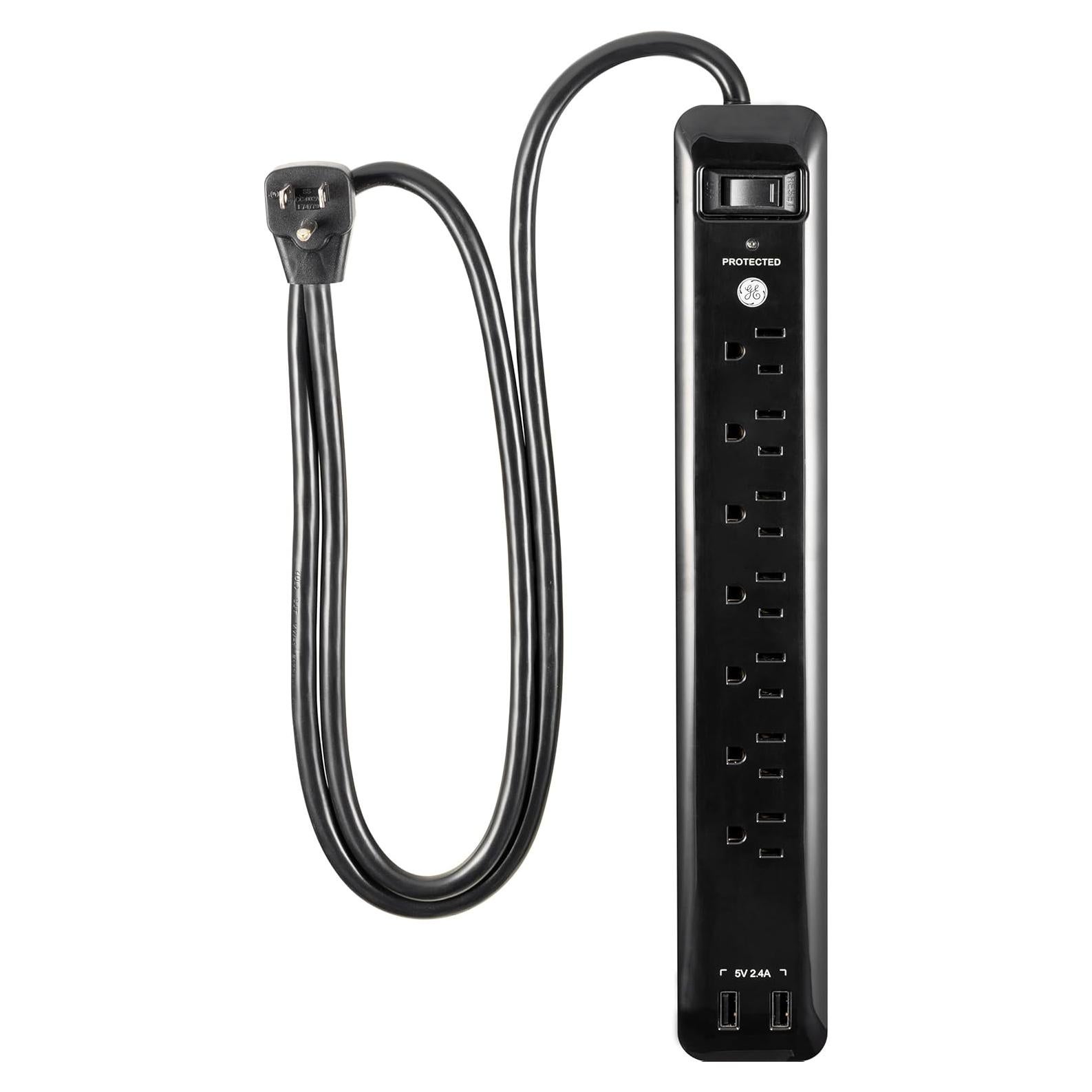 Protector de Sobretensiones GE 7 Enchufes 2 USB 1.22 m Negro