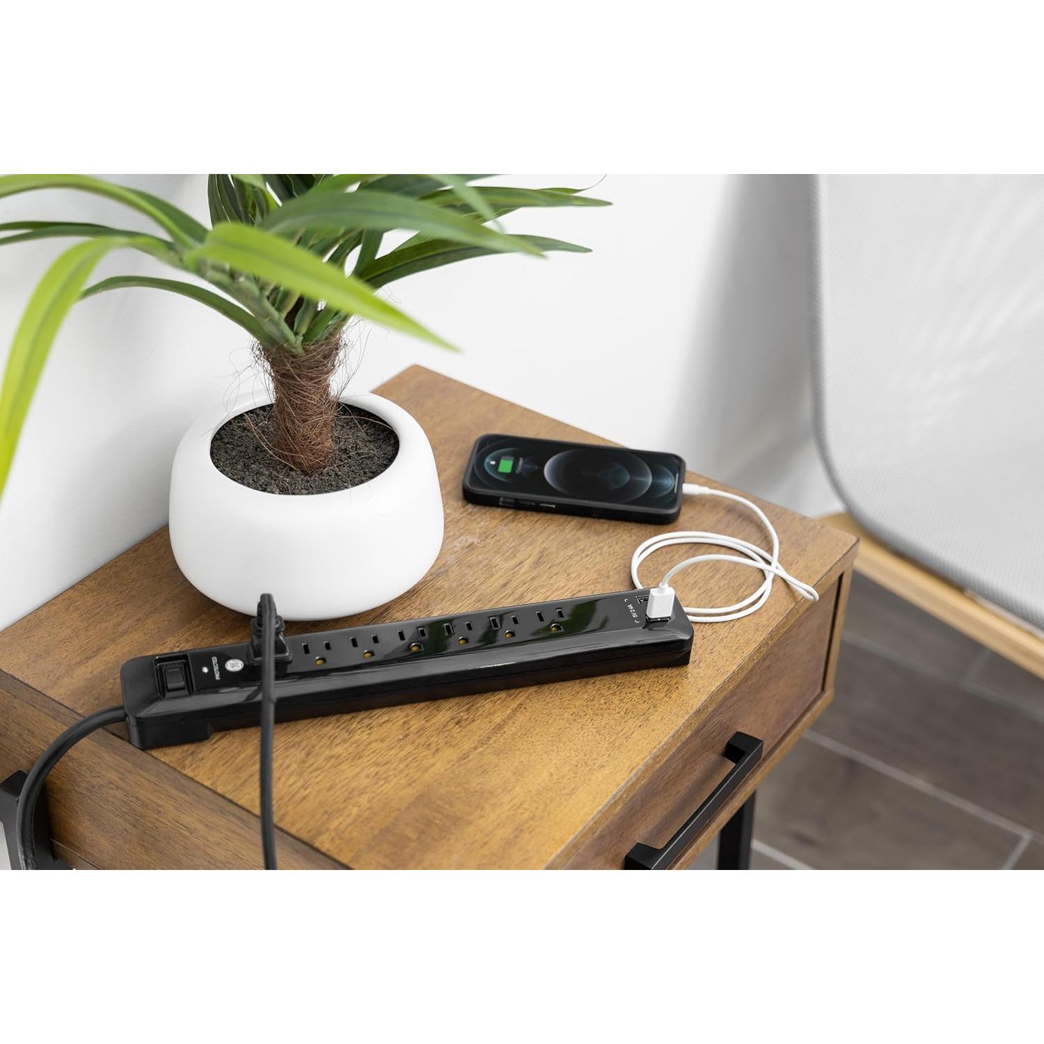 Protector de Sobretensiones GE 7 Enchufes 2 USB 1.22 m Negro