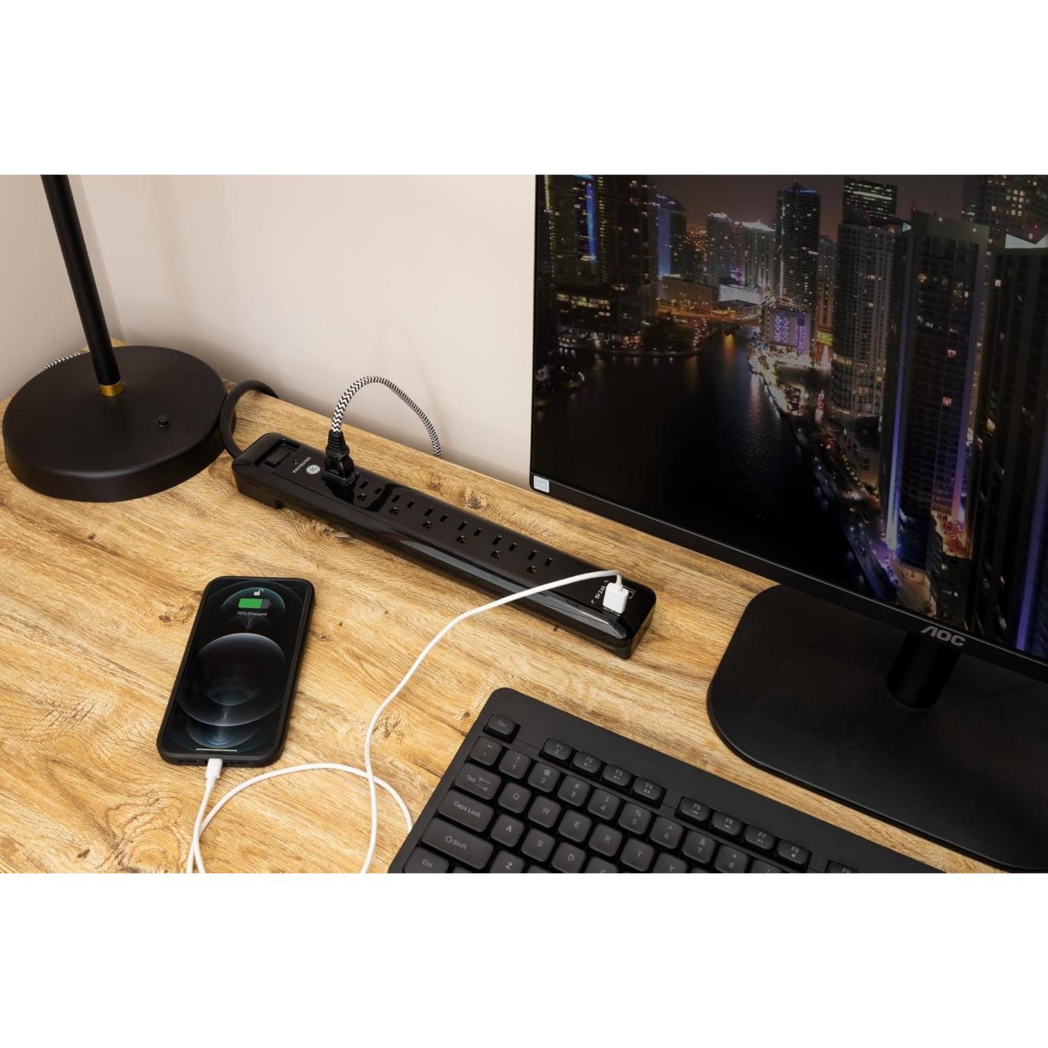 Protector de Sobretensiones GE 7 Enchufes 2 USB 1.22 m Negro