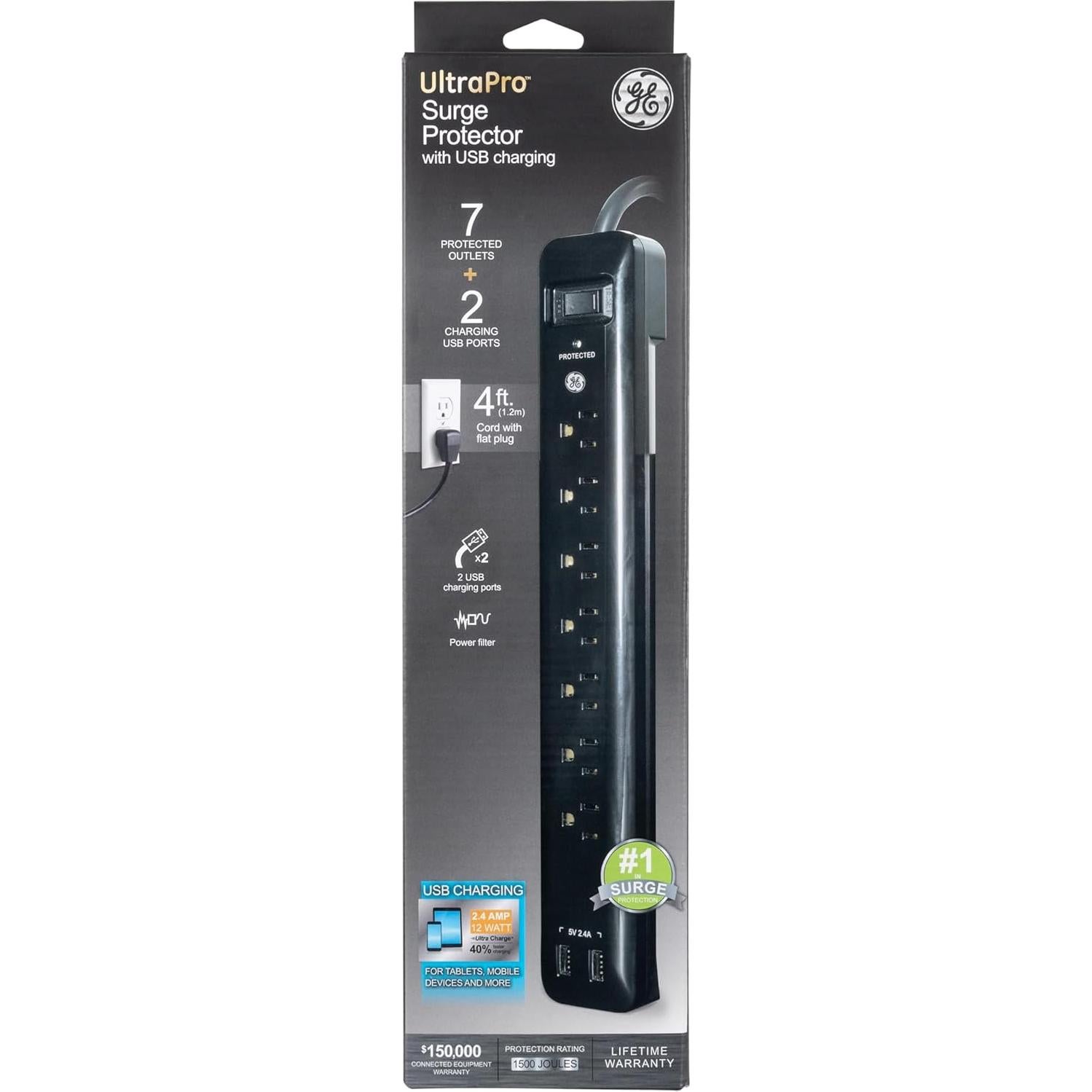 Protector de Sobretensiones GE 7 Enchufes 2 USB 1.22 m Negro