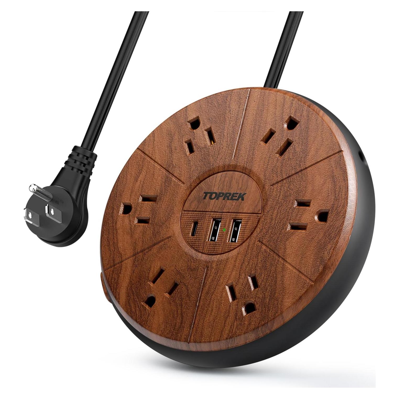 Regleta de alimentación TOPREK 6 tomas + 3 USB-C 20W madera