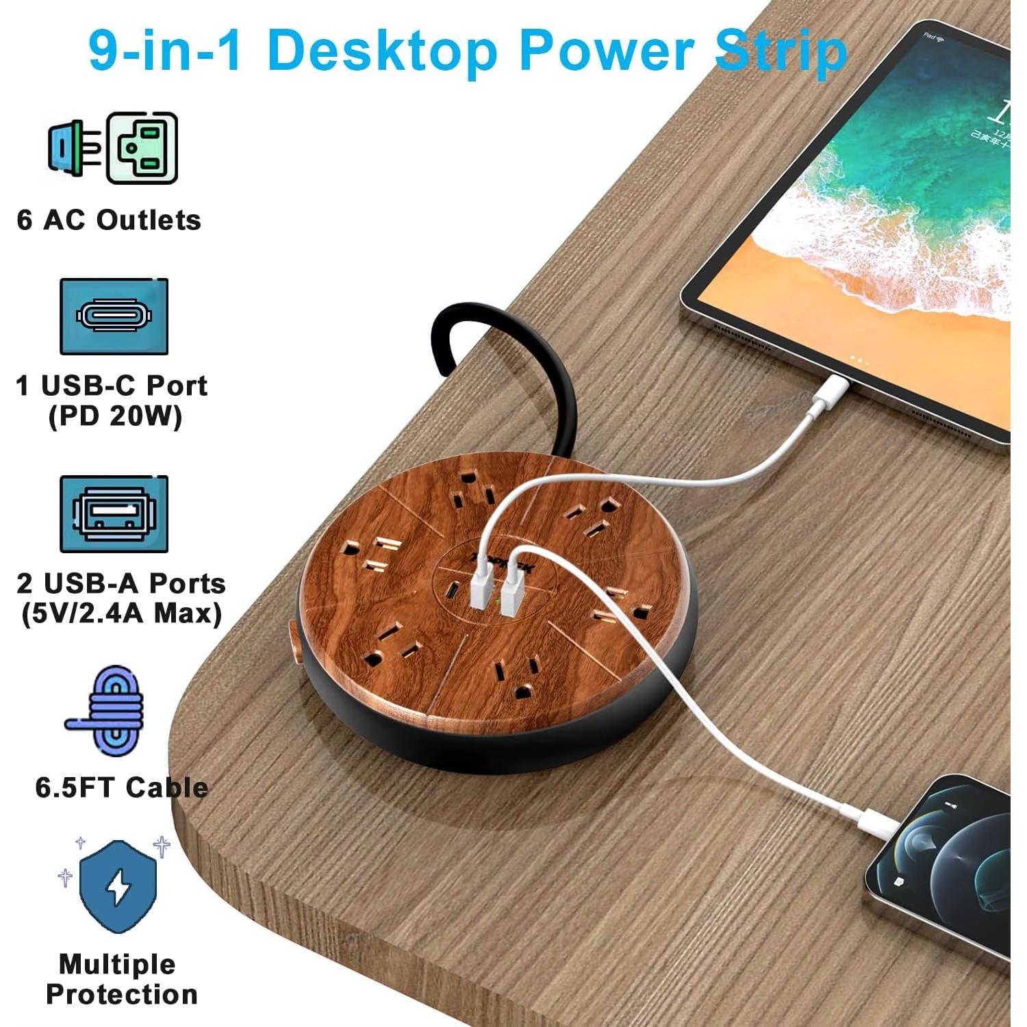 Regleta de alimentación TOPREK 6 tomas + 3 USB-C 20W madera