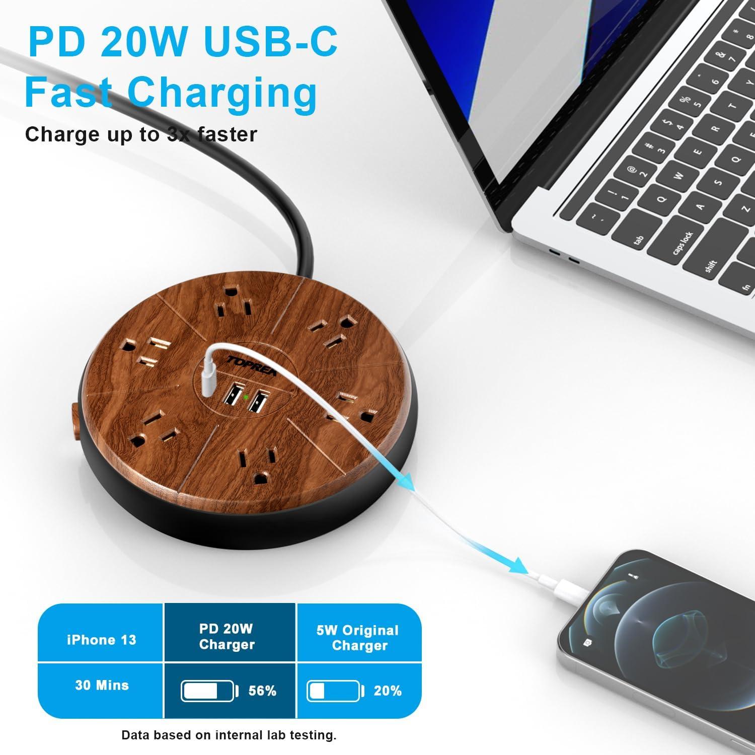 Regleta de alimentación TOPREK 6 tomas + 3 USB-C 20W madera