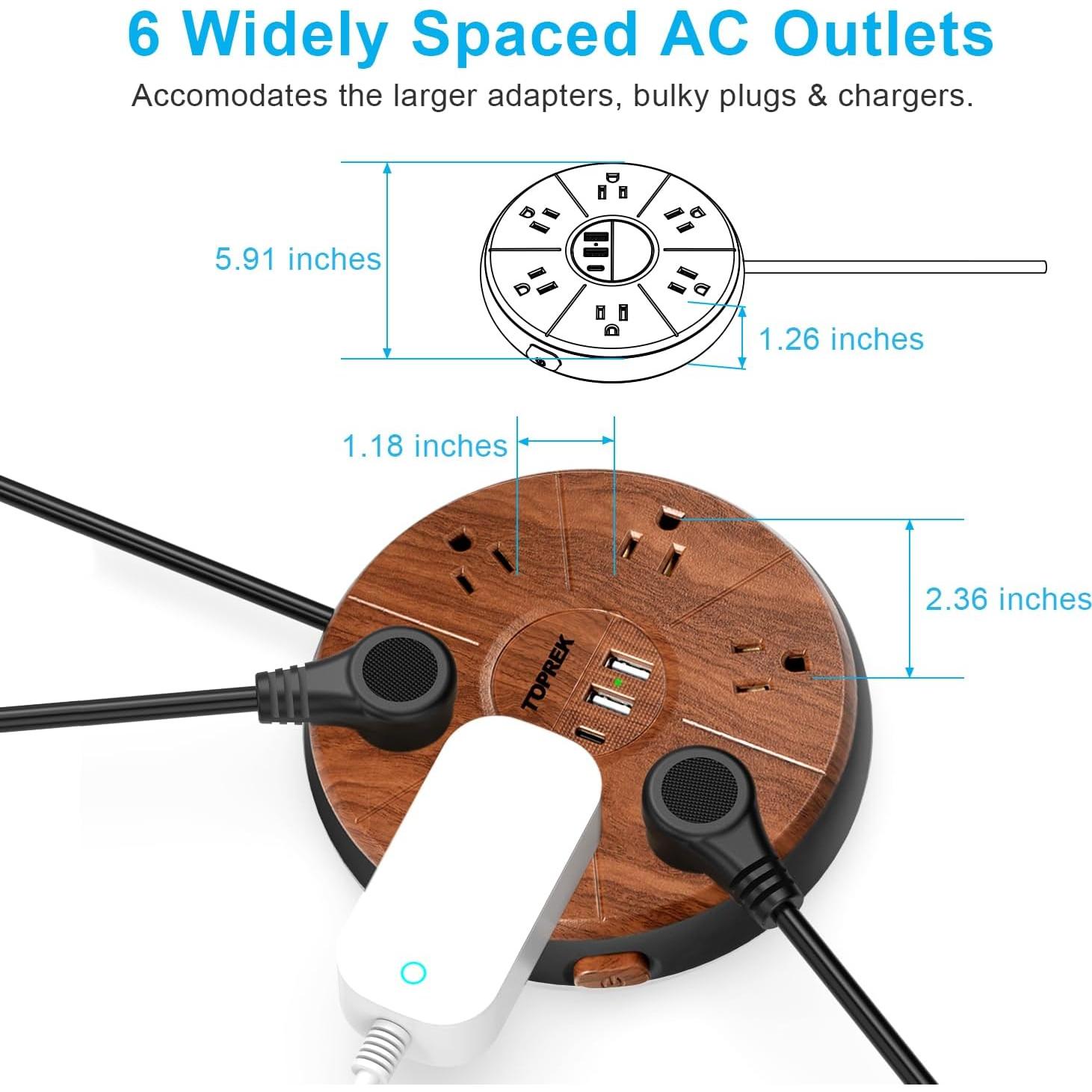 Regleta de alimentación TOPREK 6 tomas + 3 USB-C 20W madera