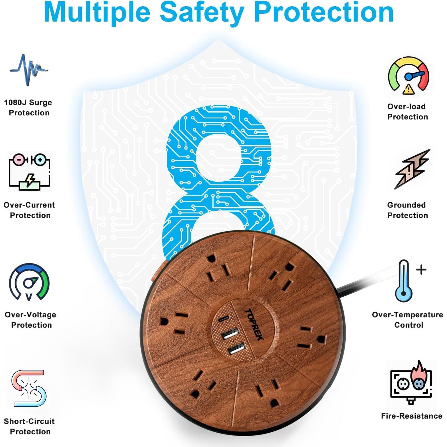 Regleta de alimentación TOPREK 6 tomas + 3 USB-C 20W madera