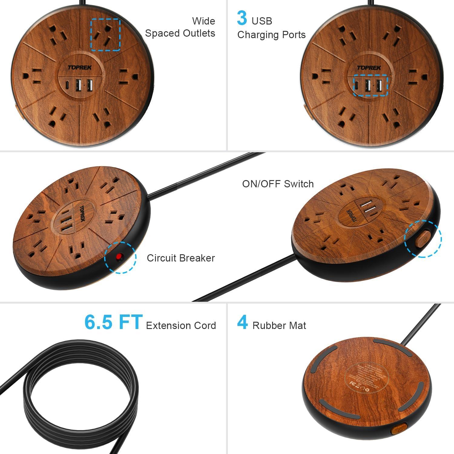 Regleta de alimentación TOPREK 6 tomas + 3 USB-C 20W madera