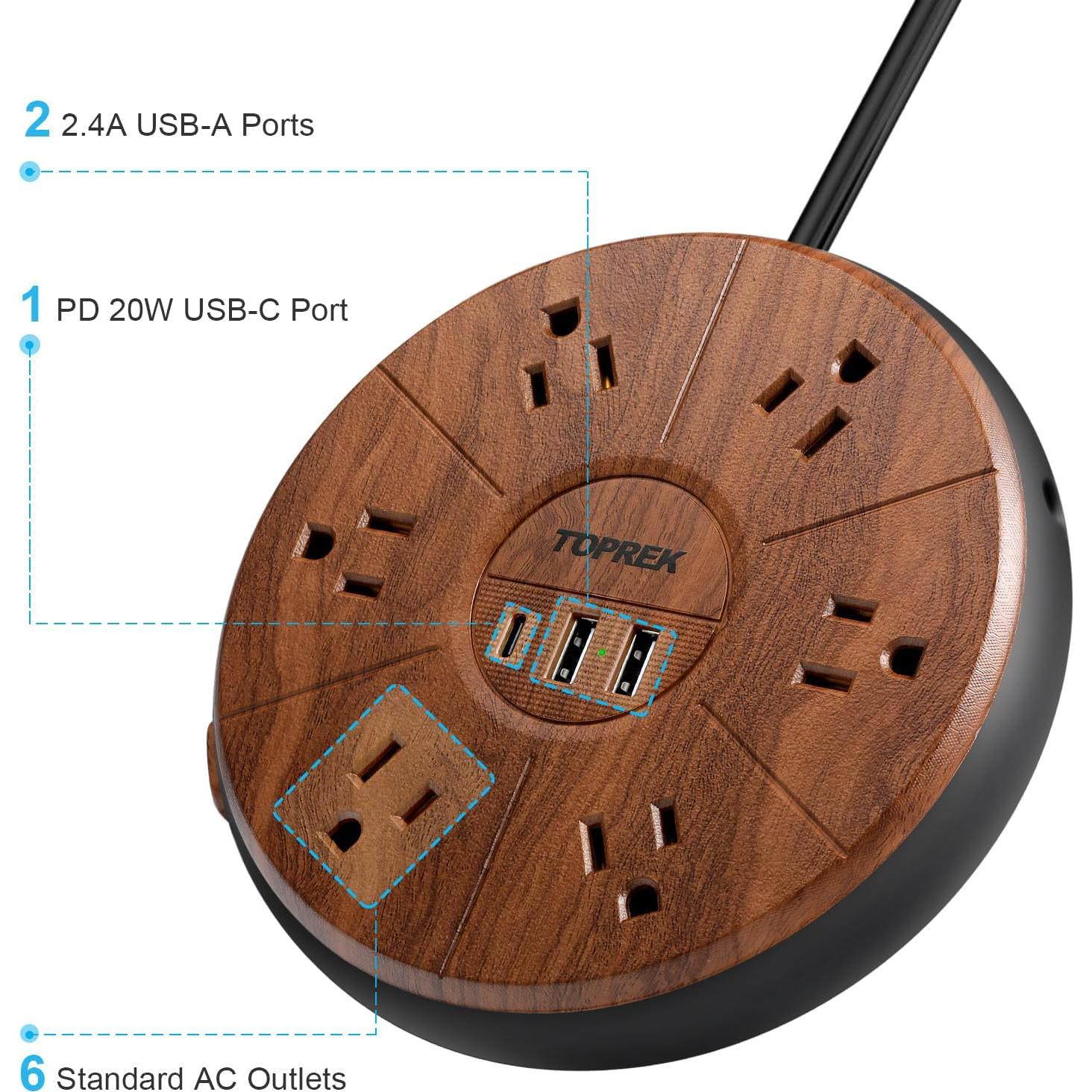 Regleta de alimentación TOPREK 6 tomas + 3 USB-C 20W madera
