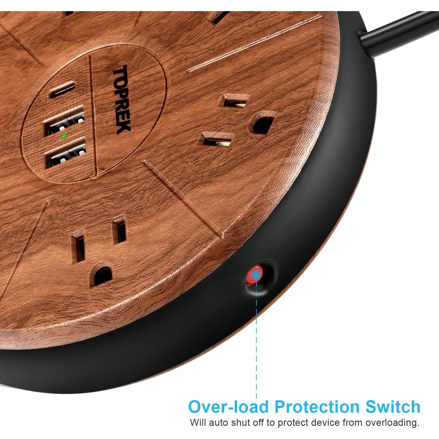 Regleta de alimentación TOPREK 6 tomas + 3 USB-C 20W madera