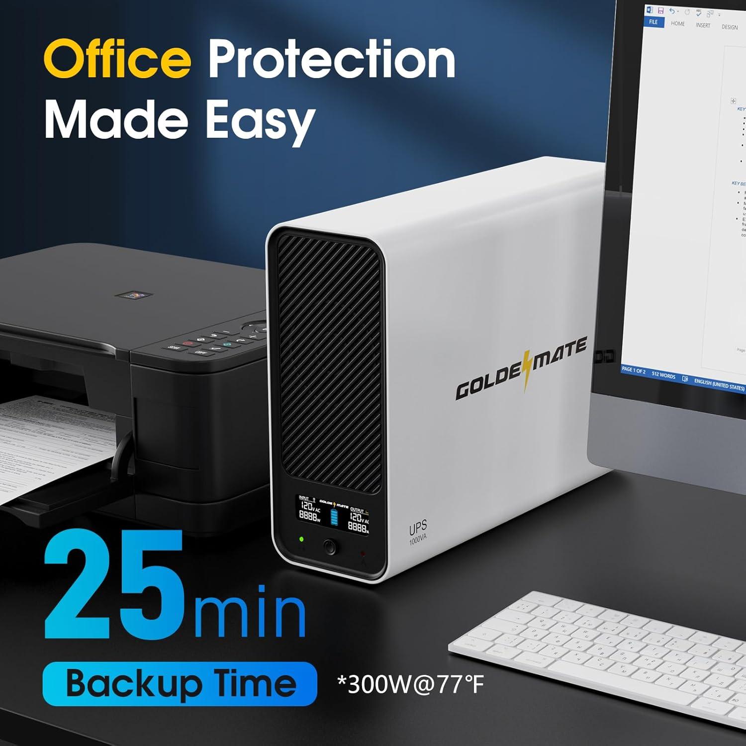 UPS 1000VA 600W GOLDENMATE Pro con Batería LiFePO4 y 8 Salidas