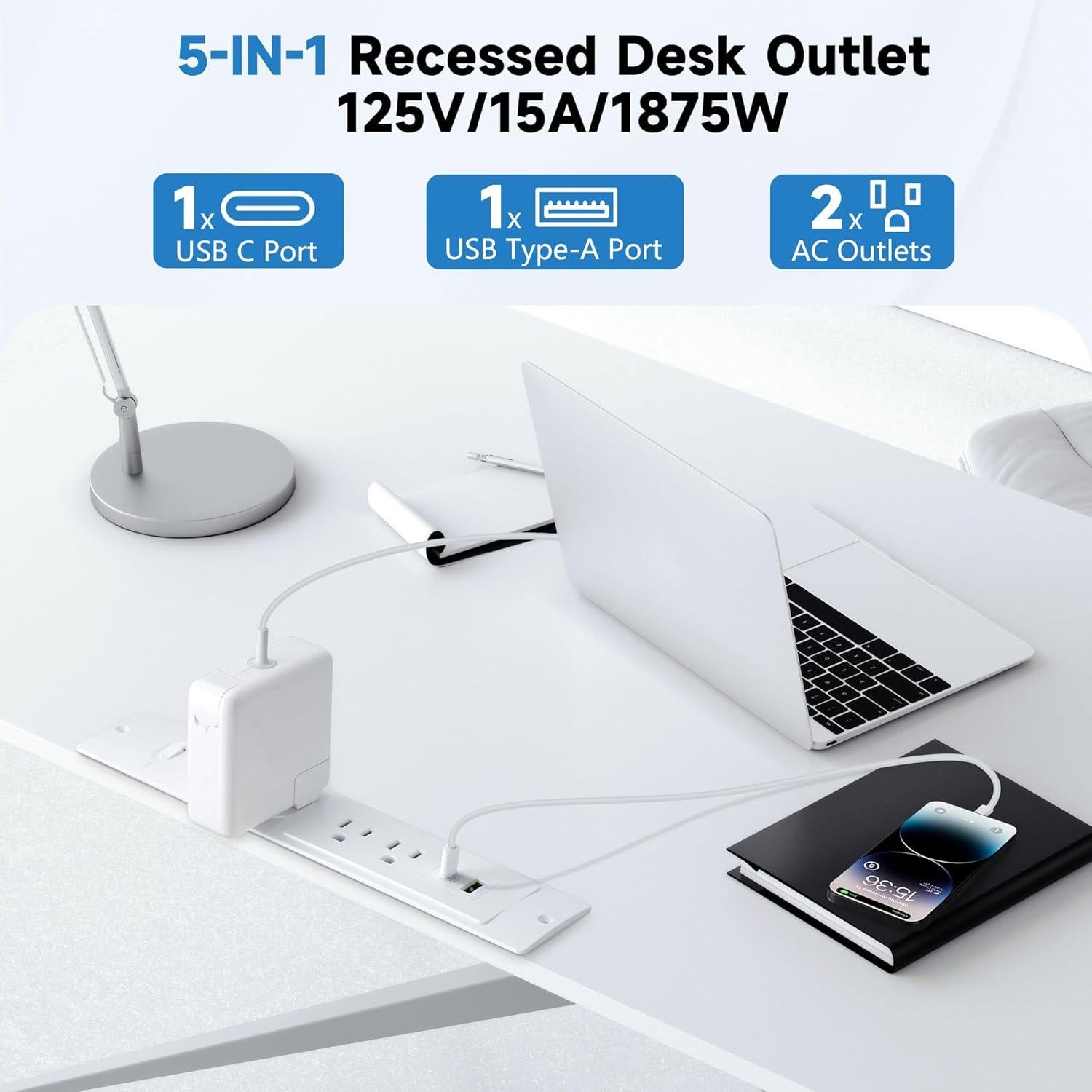 Regleta Empotrada Purcopper 3.66m 2 AC + 2 USB Blanco