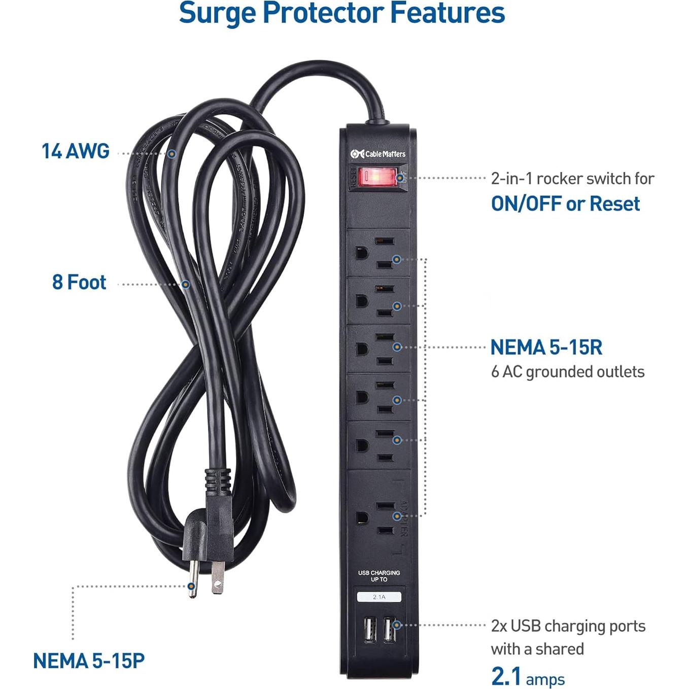 Regleta de 6 Salidas con USB Cable Matters 2.44m Negra