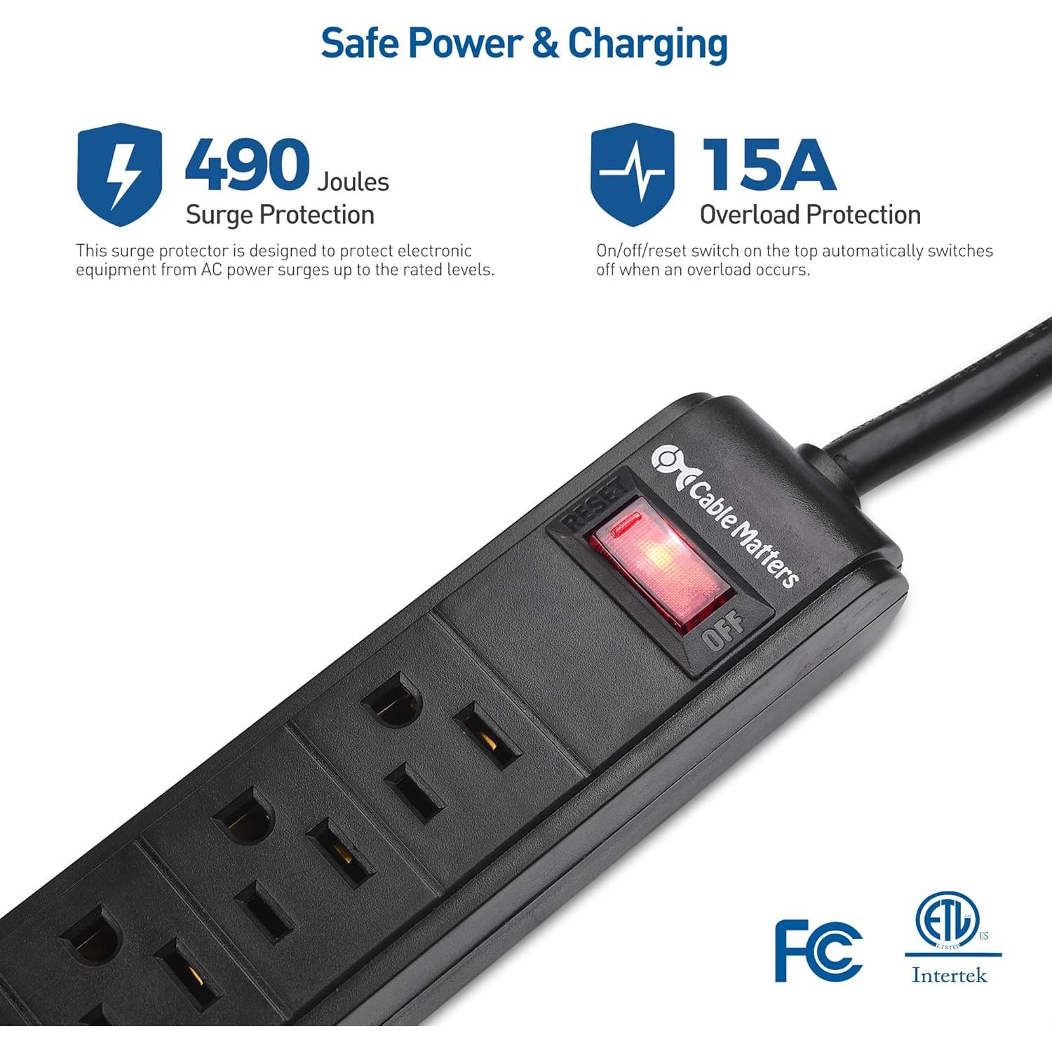 Regleta de 6 Salidas con USB Cable Matters 2.44m Negra