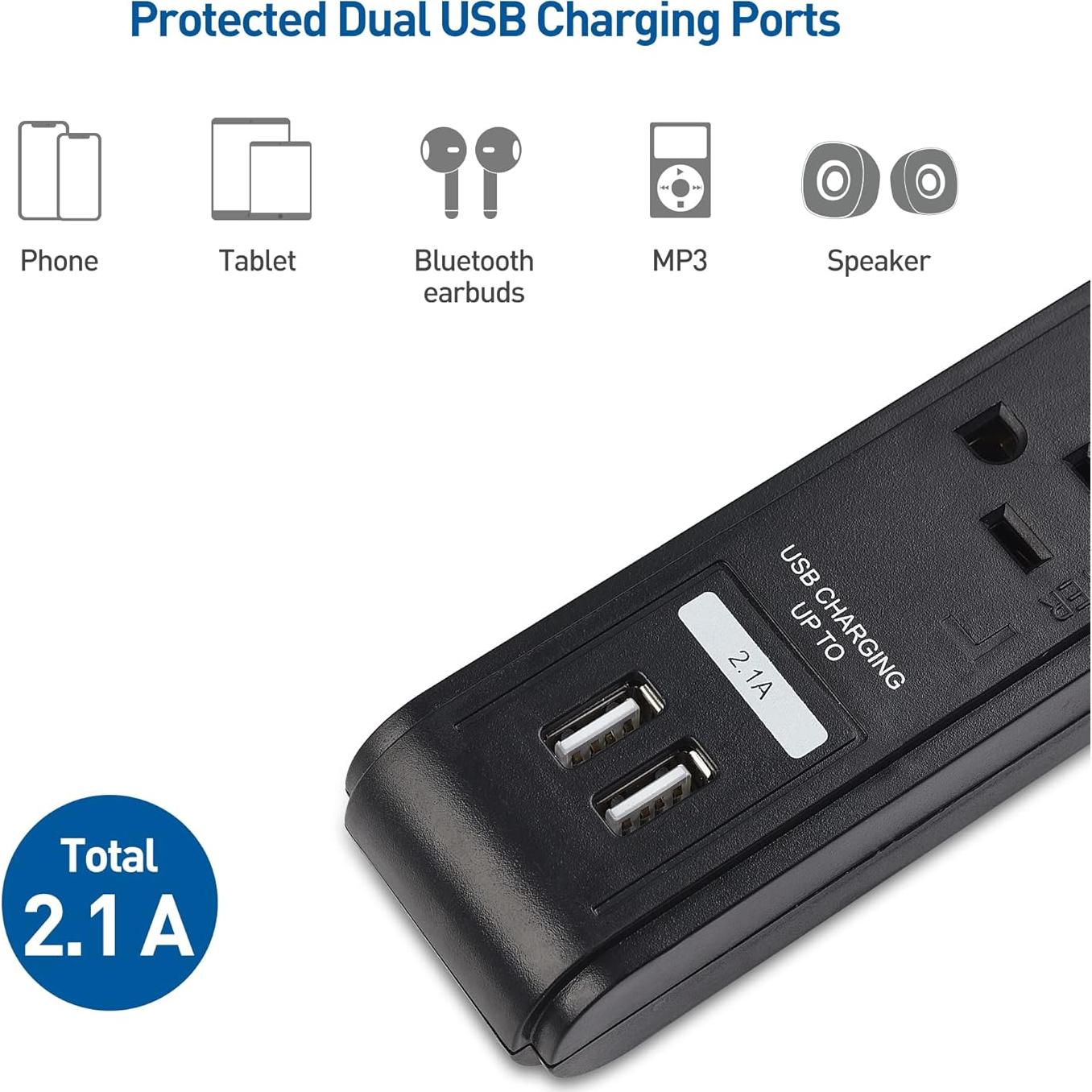 Regleta de 6 Salidas con USB Cable Matters 2.44m Negra