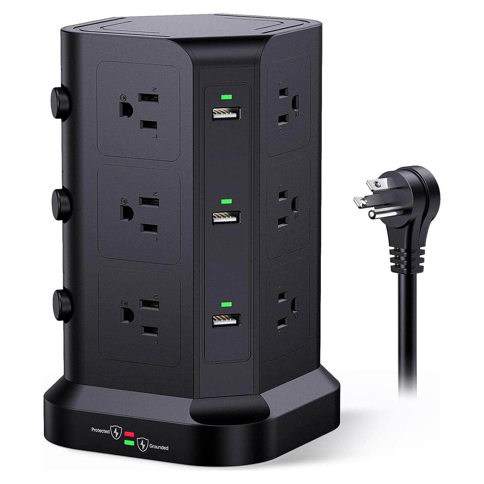 Torre de Regletas KOOSLA 12 Salidas AC y 6 USB 2m Negro