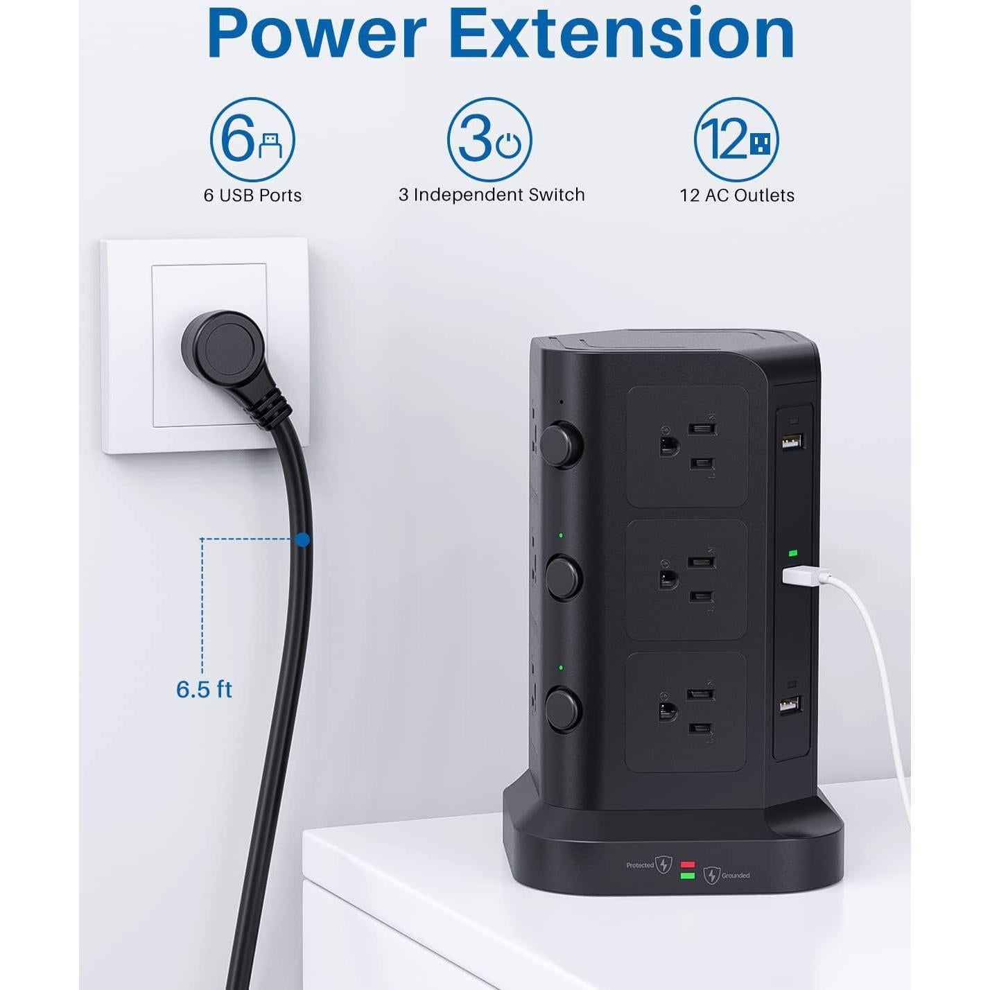 Torre de Regletas KOOSLA 12 Salidas AC y 6 USB 2m Negro