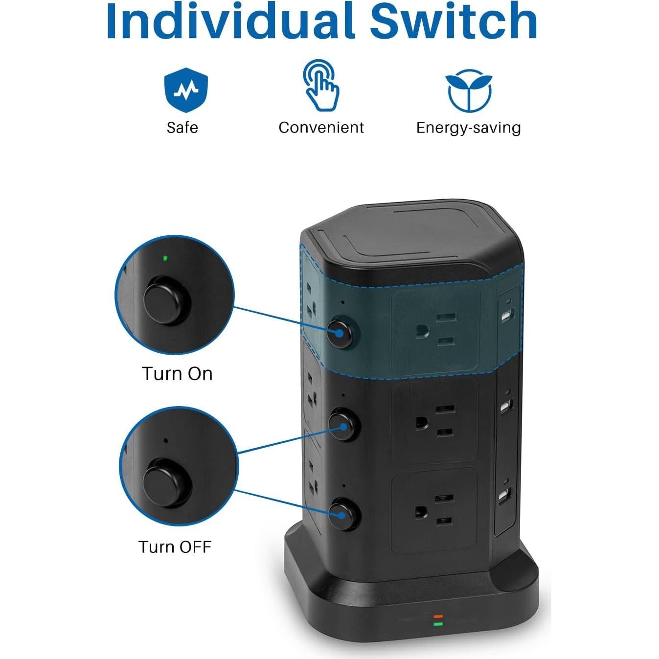 Torre de Regletas KOOSLA 12 Salidas AC y 6 USB 2m Negro