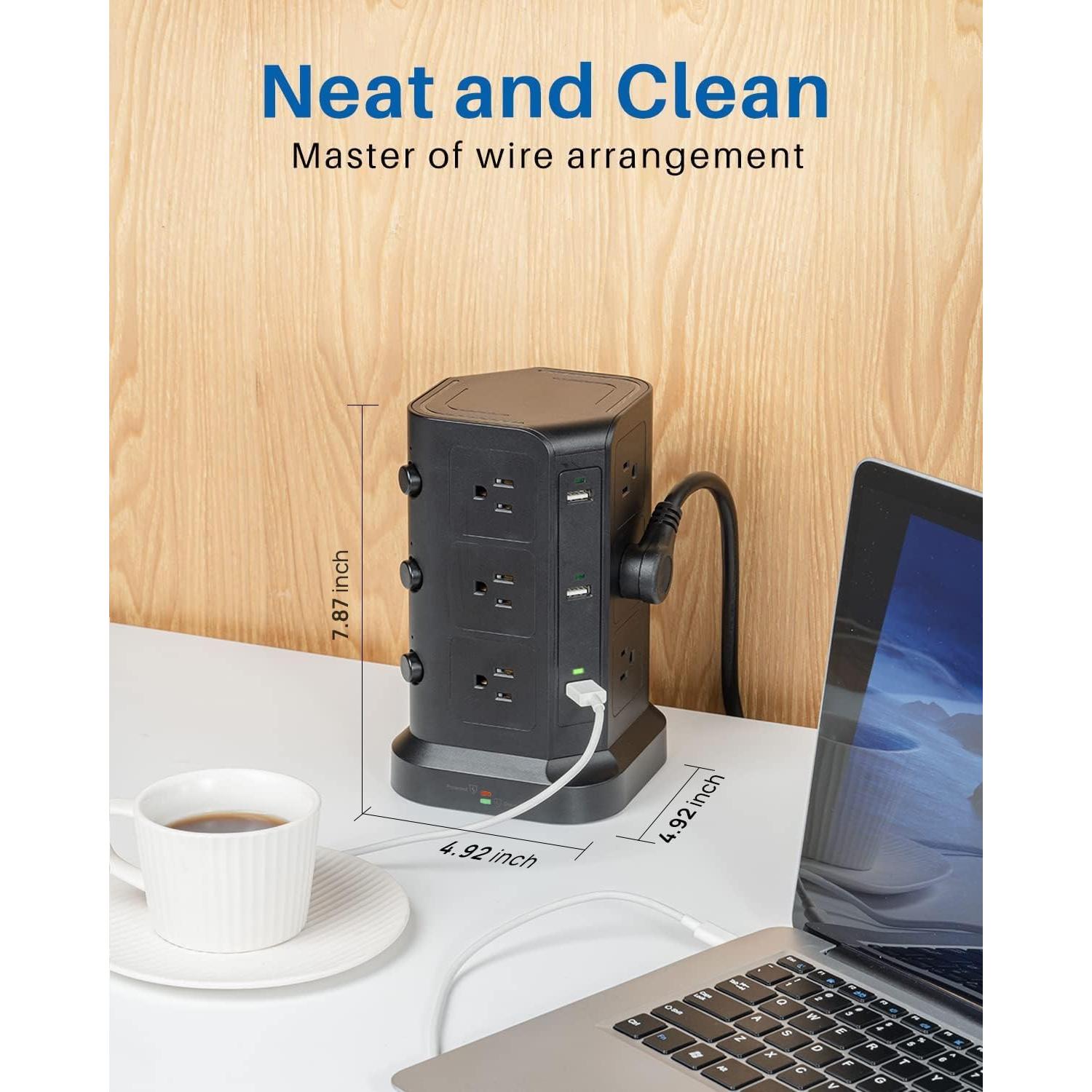 Torre de Regletas KOOSLA 12 Salidas AC y 6 USB 2m Negro