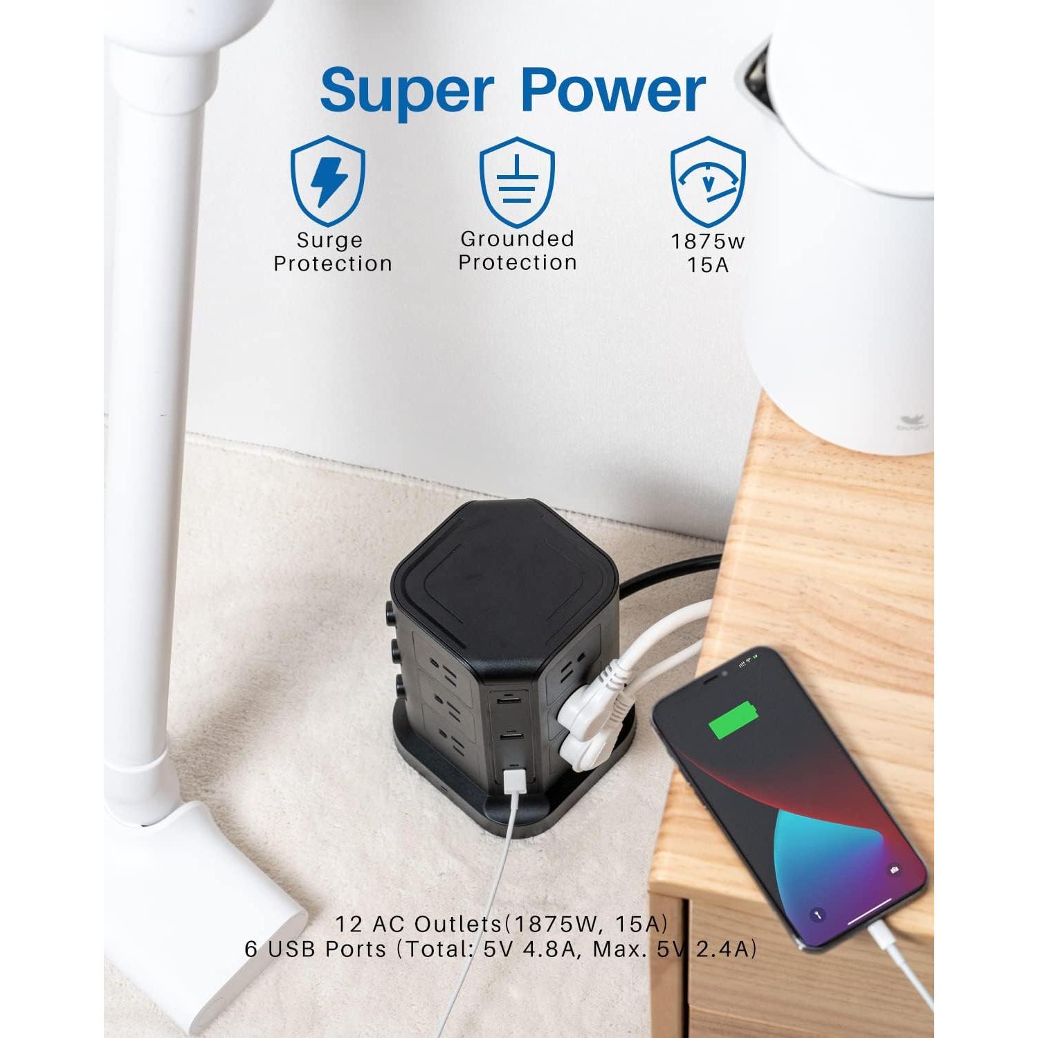 Torre de Regletas KOOSLA 12 Salidas AC y 6 USB 2m Negro